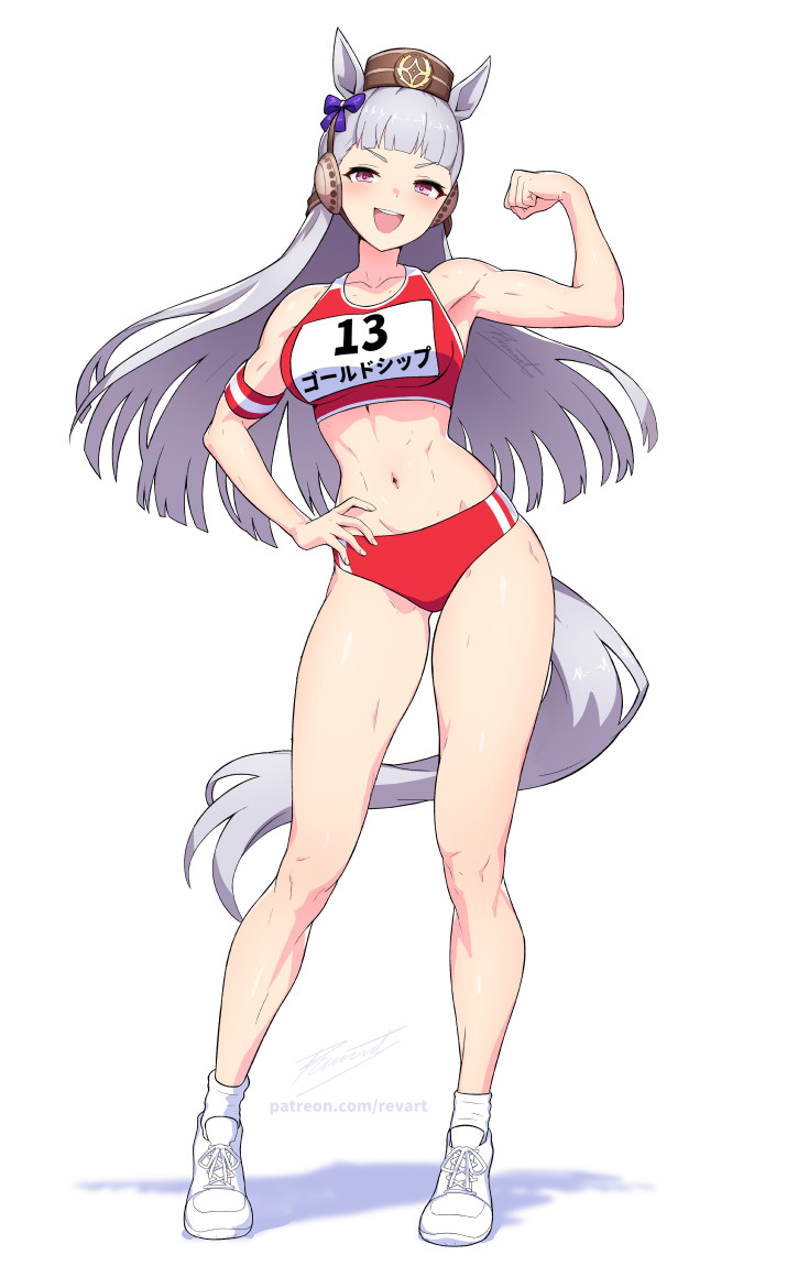 1girls, breasts, female, gold ship (umamusume), hat, horse ears, horse girl, horse tail, long hair, looking at viewer, medium breasts, revenantart, solo, sports bra, toned, track uniform, umamusume, umamusume pretty derby, white background, white hair