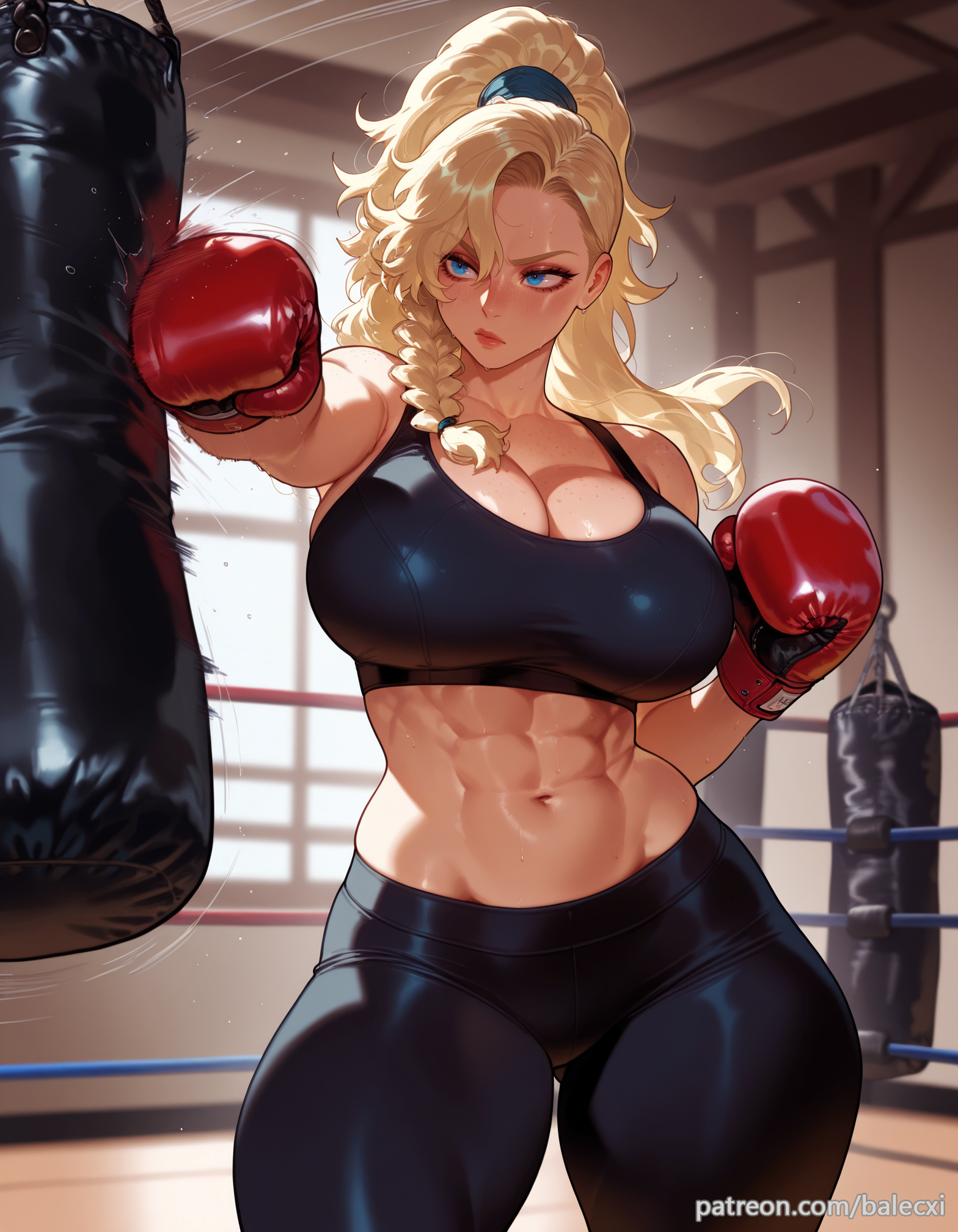 1girls, abs, ai generated, ass, balecxi, big ass, big breasts, blonde female, blonde hair, blush, boxing gloves, breasts, breasts bigger than head, cleavage, female, female only, gemma (monster hunter wilds), hips, large breasts, long hair, looking at viewer, monster hunter, monster hunter wilds, ponytail, punching bag, shiny skin, solo, solo female, solo focus, sweat, tagme, thick thighs, thighs, wide hips