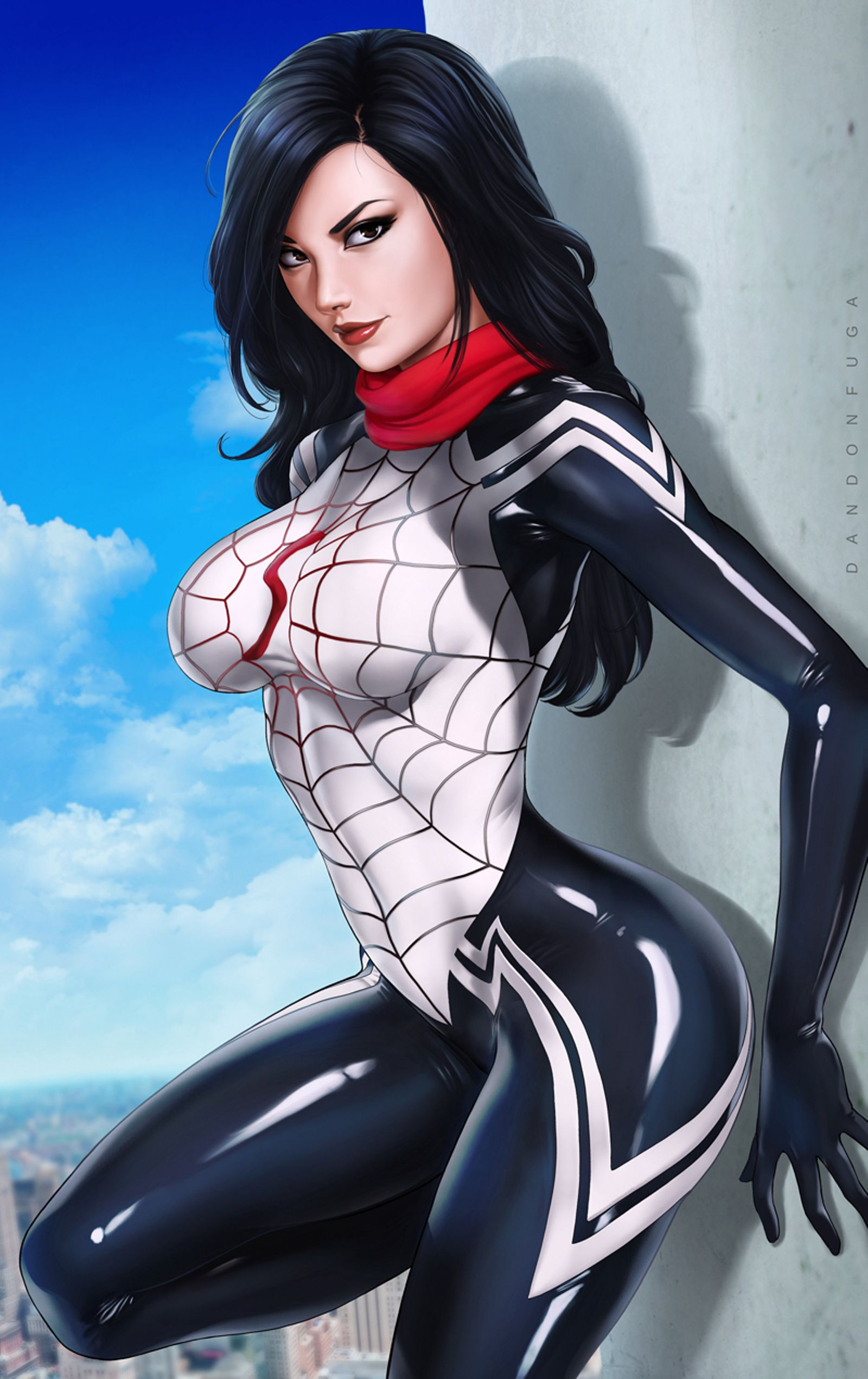 black hair, bodysuit, breasts, cindy moon, dandon fuga, female, female only, hips, legs, long hair, looking at viewer, marvel, marvel comics, shiny suit, silk, silk (marvel), solo, spider-man (series)