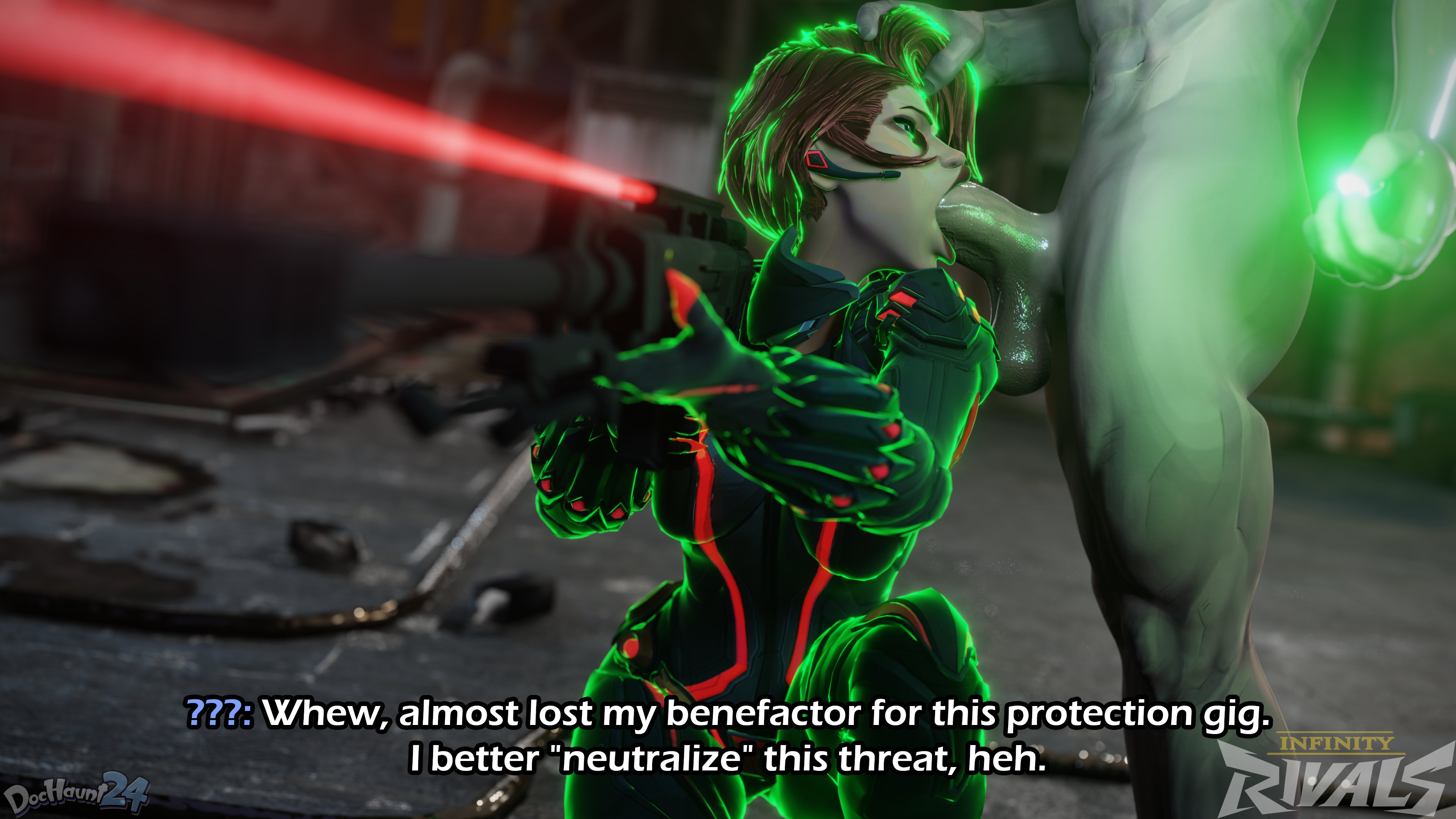1girls, 3d, black widow (marvel rivals), black widow (marvel), clothed, clothed female, clothed female nude male, clothing, dialogue, dochaunt24, erection, fellatio, female, male, marvel, marvel comics, marvel rivals, nude, nude male, oral, oral sex, penis, red hair, sniper rifle, text, time stop