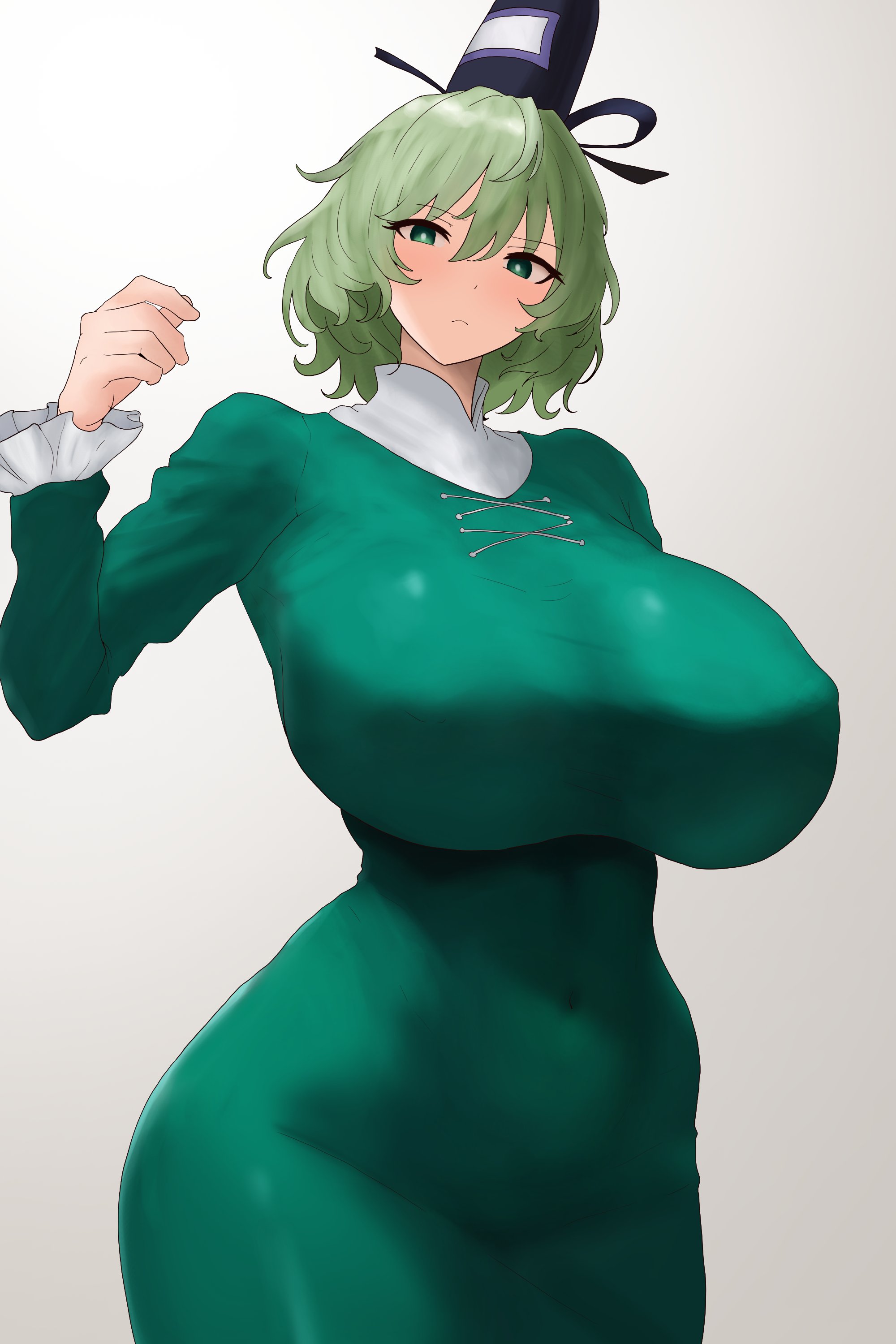 blush, breasts, clothed, clothing, covered navel, dress, female, green dress, green eyes, green hair, hat, large breasts, long sleeves, looking at viewer, massive breasts, moriforest1040, nipples visible through clothing, pointy hair, short hair, simple background, skin tight, soga no tojiko, solo, solo focus, tate eboshi, tight clothing, touhou