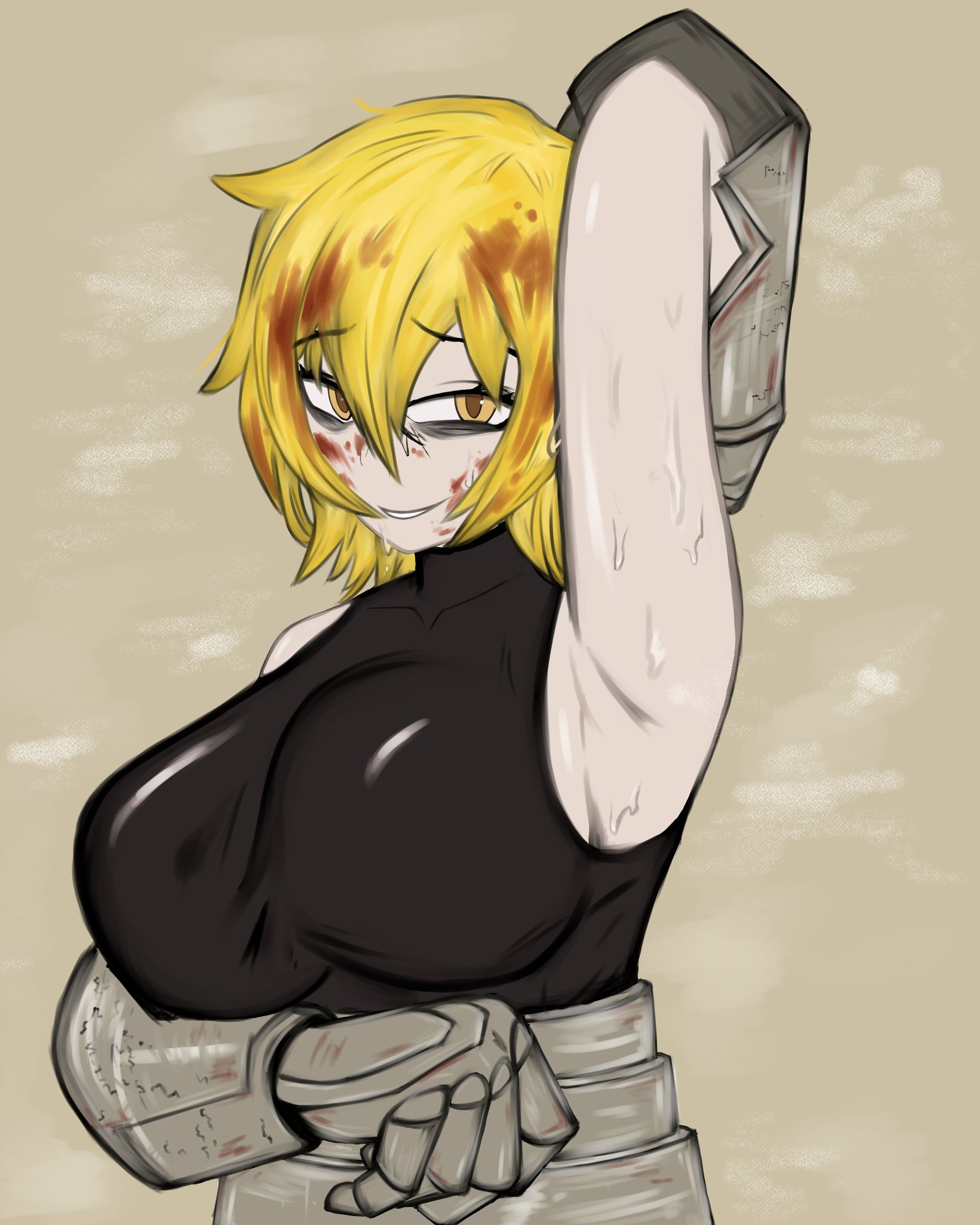 1girls, armor, armpit fetish, armpits, blonde hair, blood, clothing, don quixote (limbus company), female, female only, limbus company, looking at viewer, n corp mittelhammer don quixote (limbus company), project moon, short hair, smile, smile at viewer, standing, steam, steaming body, sweat, sweatdrop, xalus9 (artist), yellow eyes