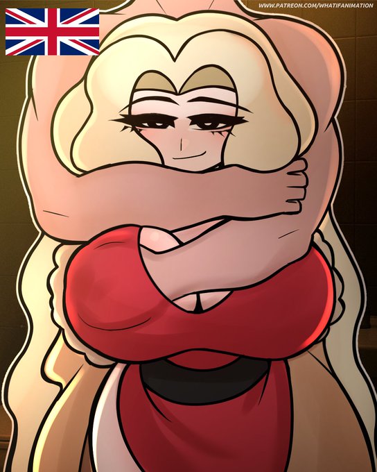 1boy, 1girls, big breasts, breasts, british female, clothed female, female, hug from behind, male, national personification, original, patreon, patreon link, patreon url, sex, uk (what if animation), uk flag, unseen male face, victoria (what if animation), what if animation (artist)