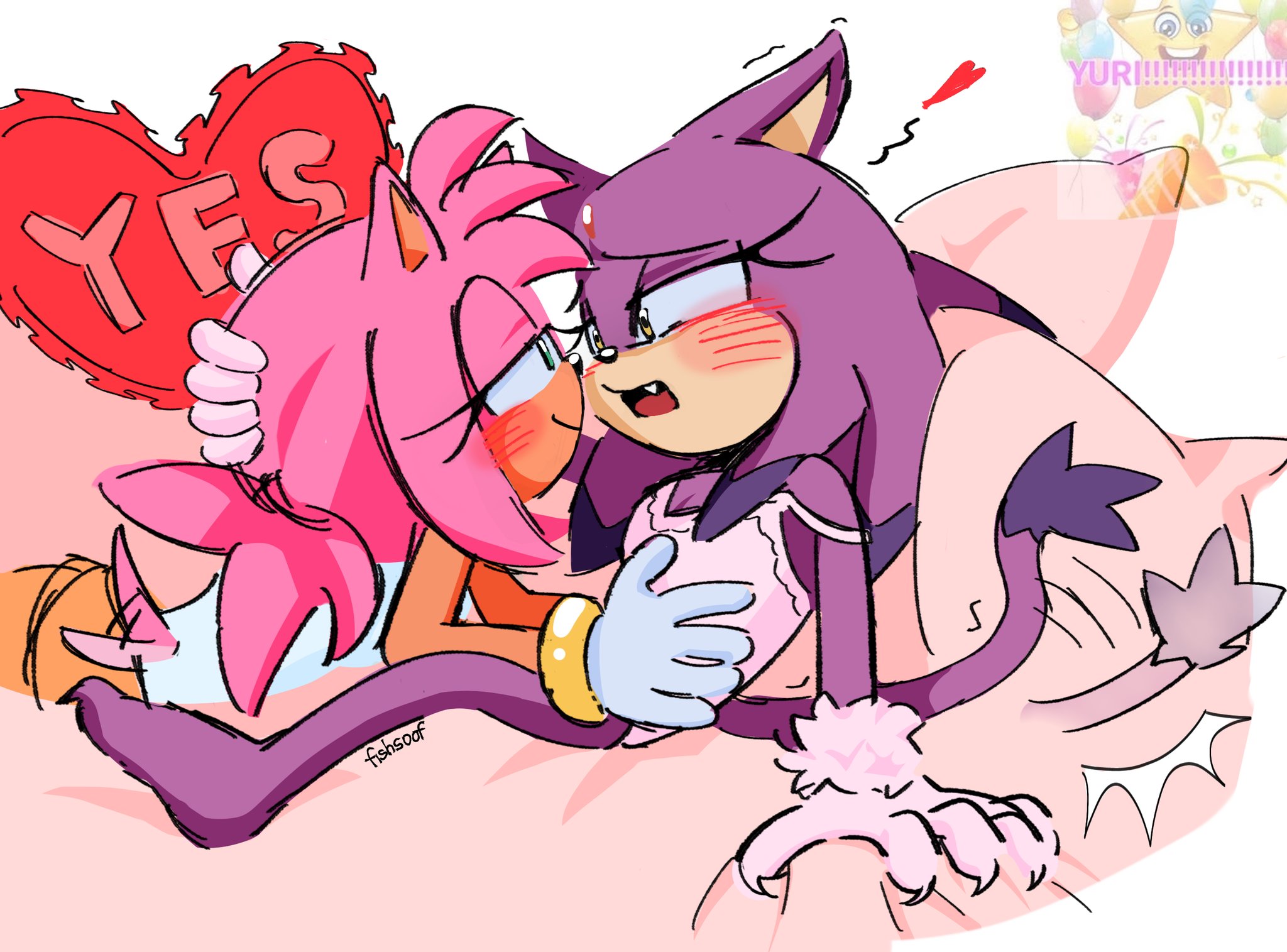 2girls, amy rose, blaze the cat, blush, claws, cleavage, cuddling, english text, eulipotyphlan, eyelashes, fangs, feline, female, forehead jewel, furry, green eyes, gripping sheets, heart, in bed, lesbian couple, pillow, pink fur, purple fur, sonic (series), sonic the hedgehog (series), wagging tail, yellow eyes, yuri