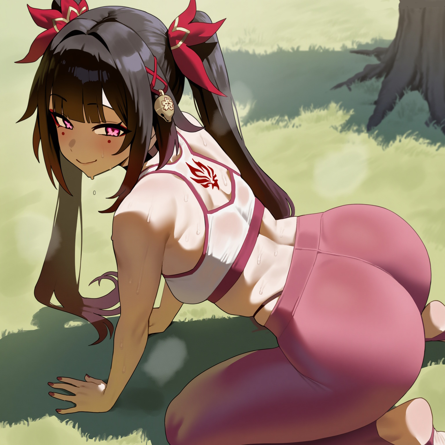 1girls, ai generated, ass, back, big ass, brown hair, bubble ass, bubble butt, choker, female, hi res, highres, honkai (series), honkai: star rail, huge ass, huge butt, long hair, noxsalus, sparkle (honkai: star rail), sports bra, sweat, thick thighs, thighs, thong, tight clothing, tight pants, twintails, workout clothes, yoga pants
