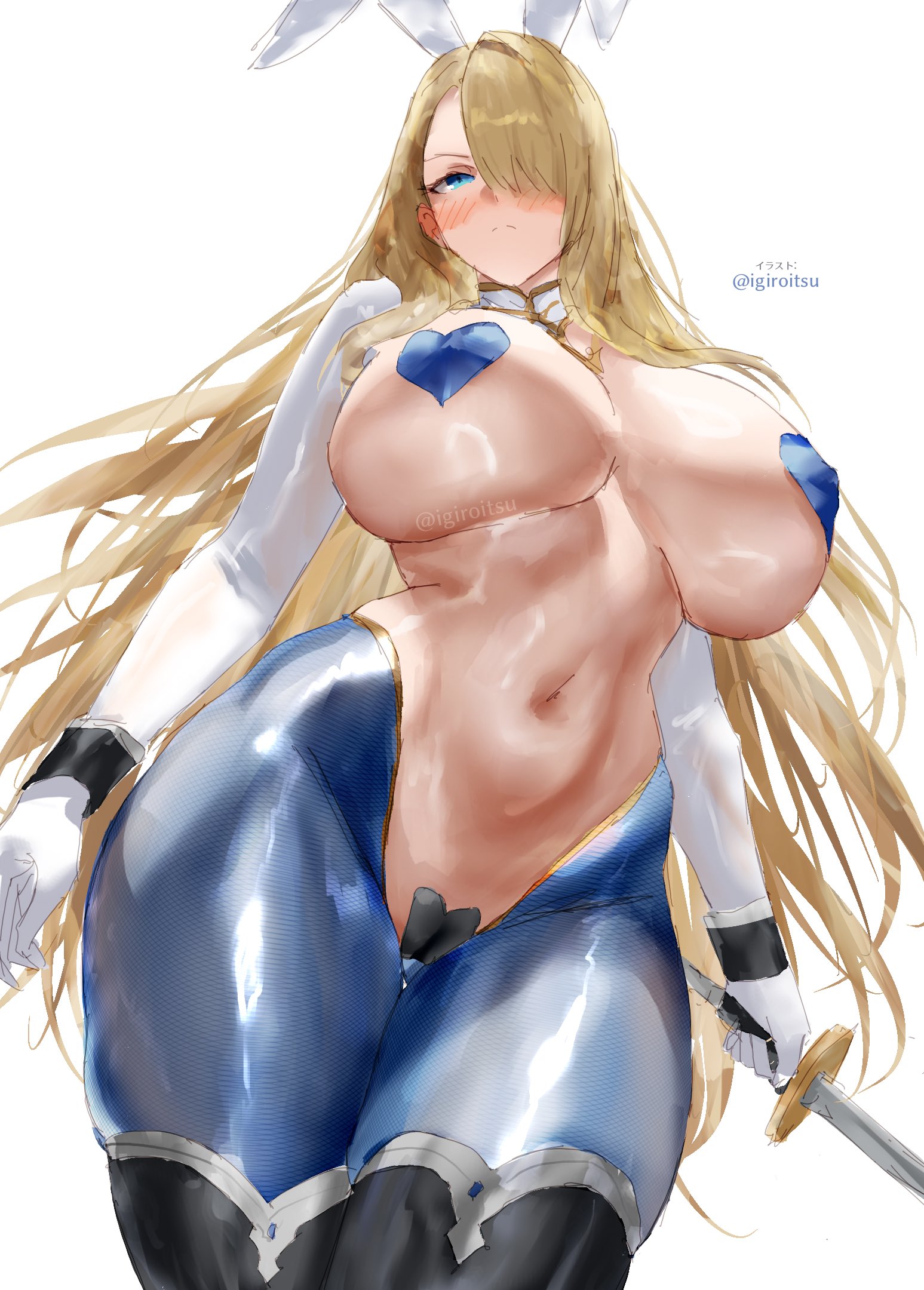 blue eyes, blue legwear, blush, breasts, brown dust (series), brown dust 2, bunny ears, curvy, female, female only, hair over one eye, heart maebari, heart pasties, igiroitsu, large breasts, looking at viewer, looking down, pinup, solo, sword, white background, wide hips, wilhelmina (brown dust)