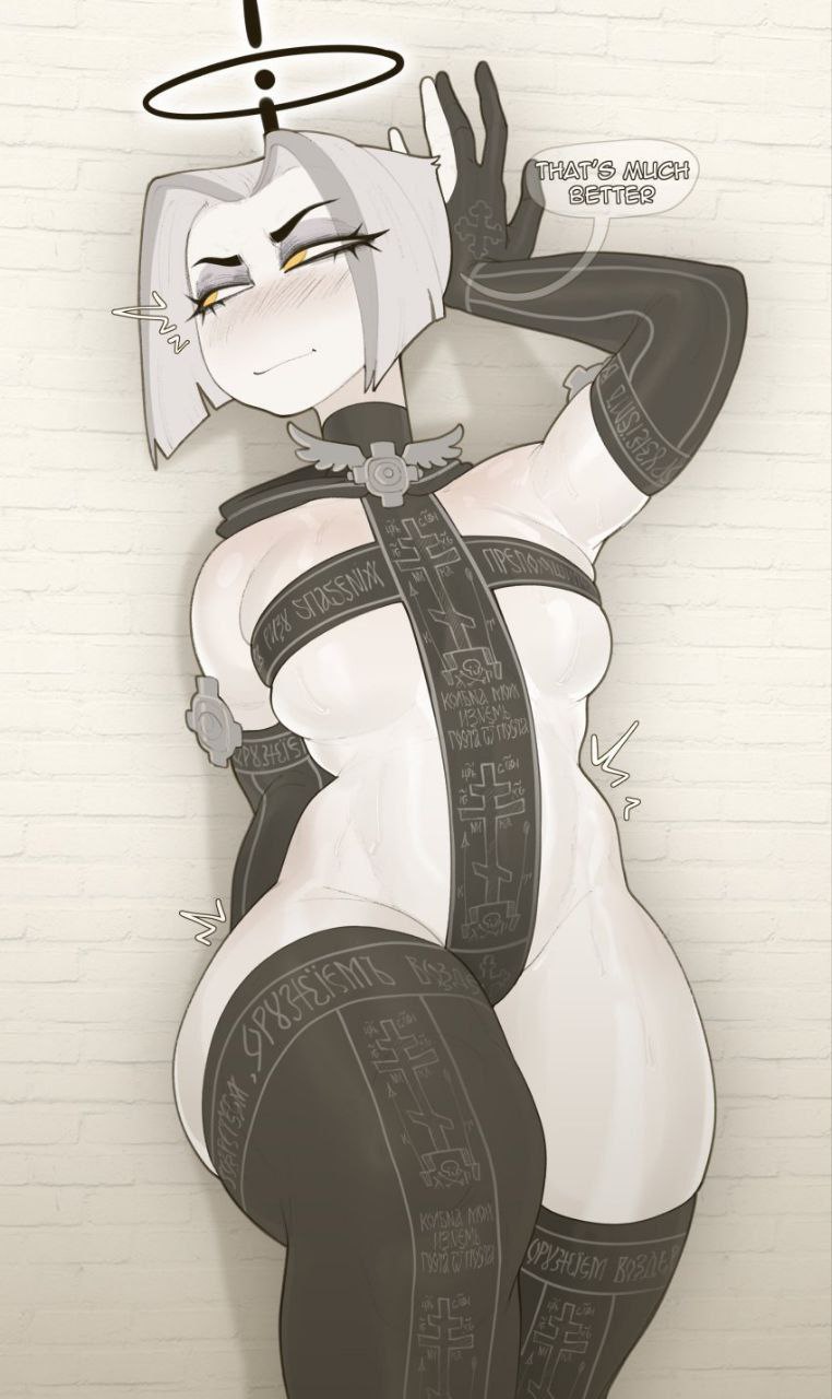 1girls 2024 2d 2d_(artwork) art big_breasts black_gloves black_halo blush blushing_female breasts digital_art digital_media_(artwork) english english_text female female_only gold_eyes hazbin_hotel jpeg jpg lute_(hazbin_hotel) mr_fuga mrfuga orange_eyes pale_body pale_skin sexy short_hair solo solo_female source_request stockings tagme text text_bubble white_body white_hair white_skin white_text