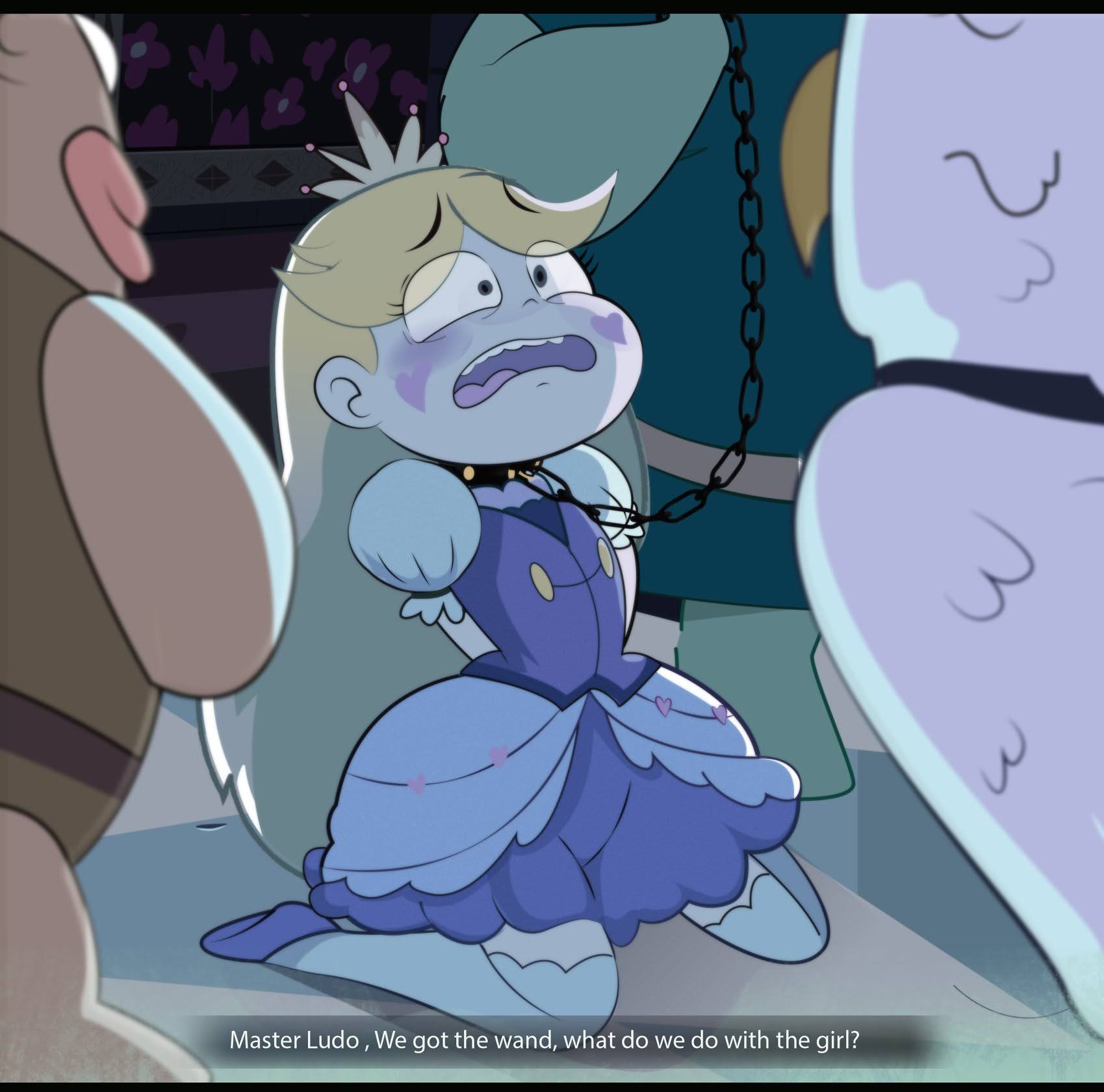 1boy, 1girls, 2boys, arms behind back, bird, blonde, blonde hair, blue dress, chain leash, chains, clothing, collar, crown, defeated, defeated heroine, dress, english, english text, female, gosgoz, inminent sex, kneeling, leash, long hair, male, multiple boys, open mouth, princess, puffy short sleeves, puffy sleeves, purple dress, scared, shoes, short sleeves, sitting, spiked collar, spikes, star butterfly, star vs the forces of evil, subtitled, thighhighs, tiara, tongue, tongue out, wariza, white thighhighs