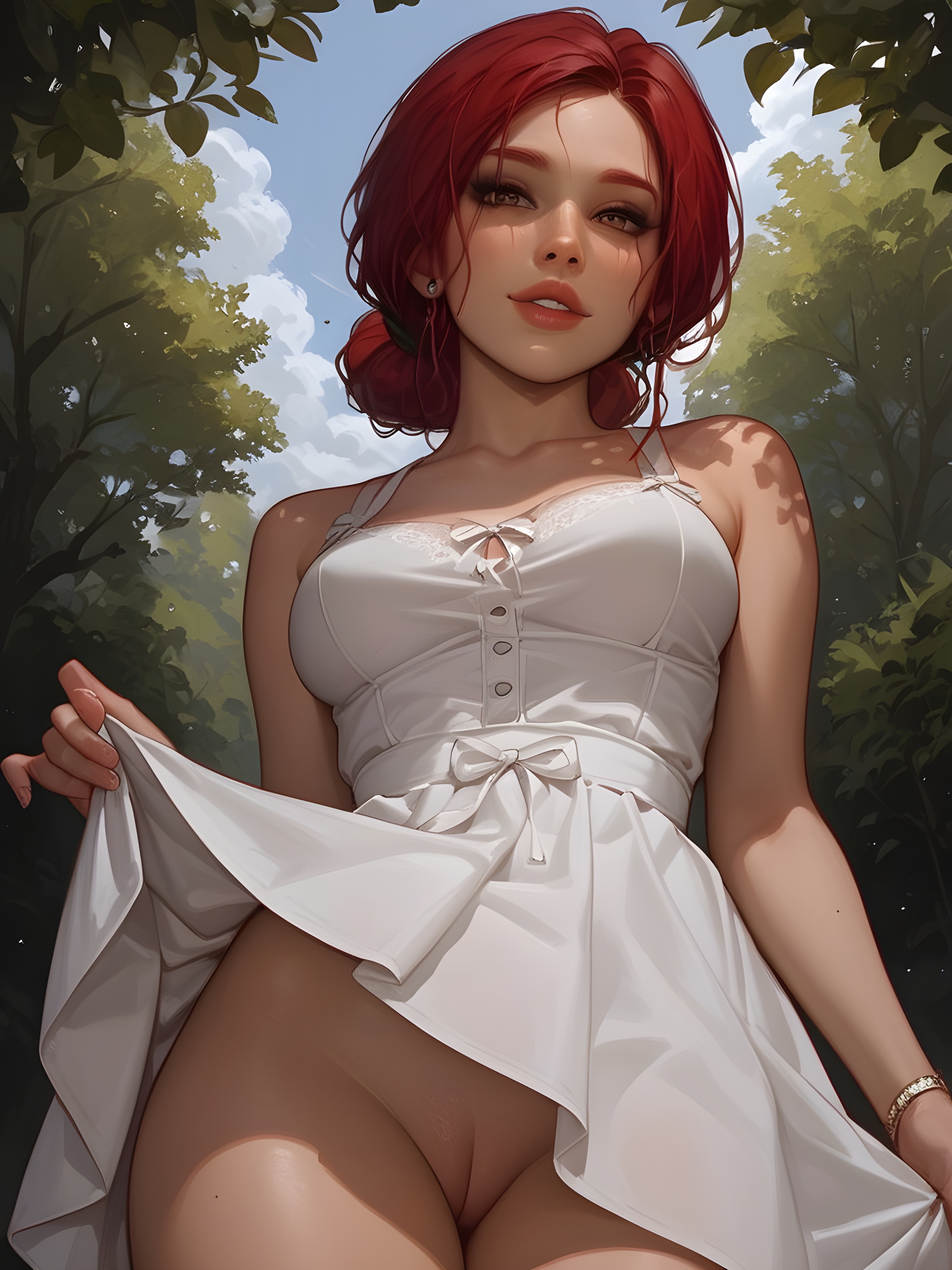 ai generated, cd projekt red, cinglord, female, light skin, light-skinned female, looking at viewer, low-angle view, no panties, pussy, red hair, solo, the witcher (series), the witcher 3: wild hunt, triss merigold, white dress