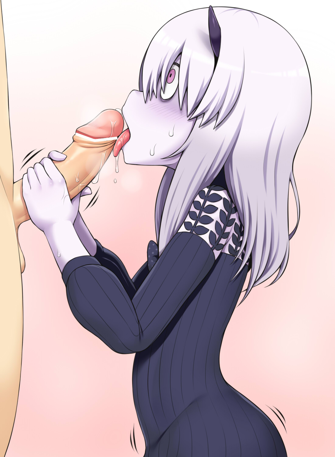 albino, bangs, black bow, black dress, blush, bow, censored, constricted pupils, dress, fate (series), fate/grand order, fellatio, female, from side, hair between eyes, hairbow, handjob, highres, horn, lavinia whateley (fate/grand order), long hair, long sleeves, male, nose blush, open mouth, oral, penis, pointless censoring, polka dot, polka dot bow, rantana (lalalalackluster), solo focus, sweat, textless, tongue, tongue out, white hair, white skin