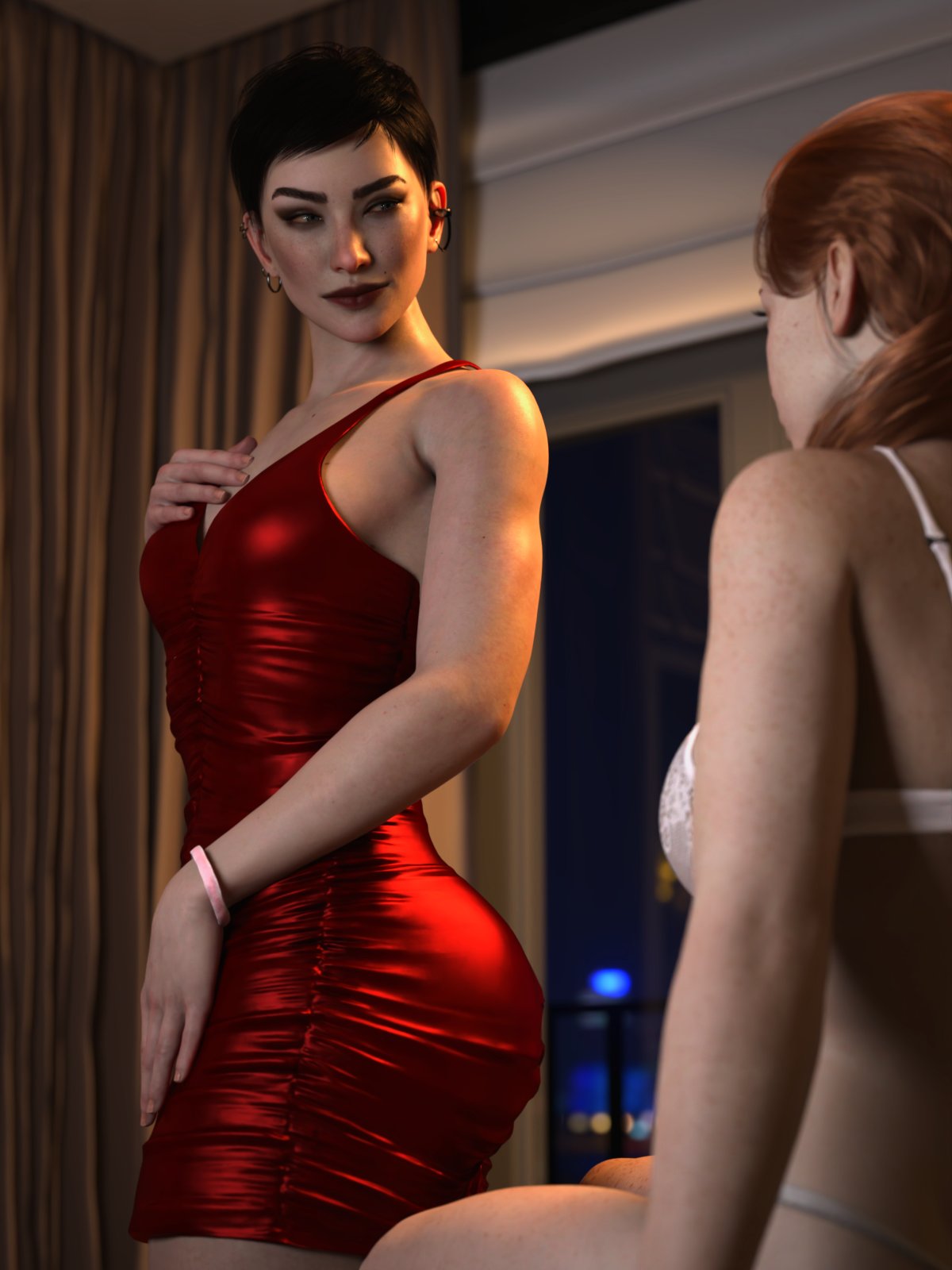 2girls, 3d, adriana imai, ass, big ass, big breasts, breasts, chest, curvaceous, curvy, curvy figure, dbd, dead by daylight, dress, female, hips, hourglass figure, light skin, light-skinned female, mature, mature female, morgan tylle (word2), original, original character, slim waist, the skull merchant, thick, thick hips, thick legs, thick thighs, thighs, tight dress, voluptuous, waist, wide hips, word2, yuri
