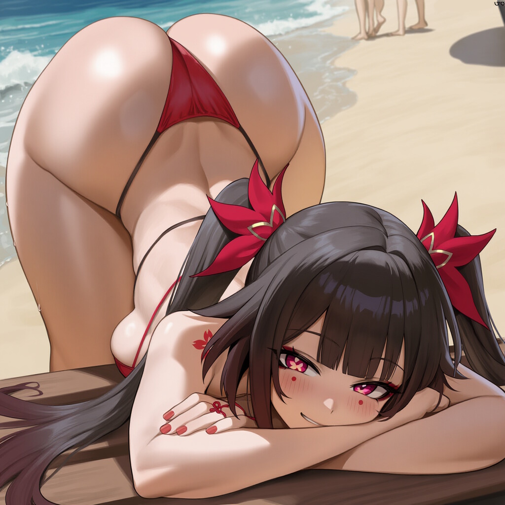 1girls, ai generated, ass, beach, big ass, big butt, bikini, breasts, brown hair, bubble ass, bubble butt, choker, curvy, fat ass, female, groin, hips, honkai (series), honkai: star rail, huge ass, huge butt, long hair, medium breasts, noxsalus, onsen, red bikini, seductive, seductive look, sexy, sparkle (honkai: star rail), thick thighs, thighs, thin waist, twintails, wide hips