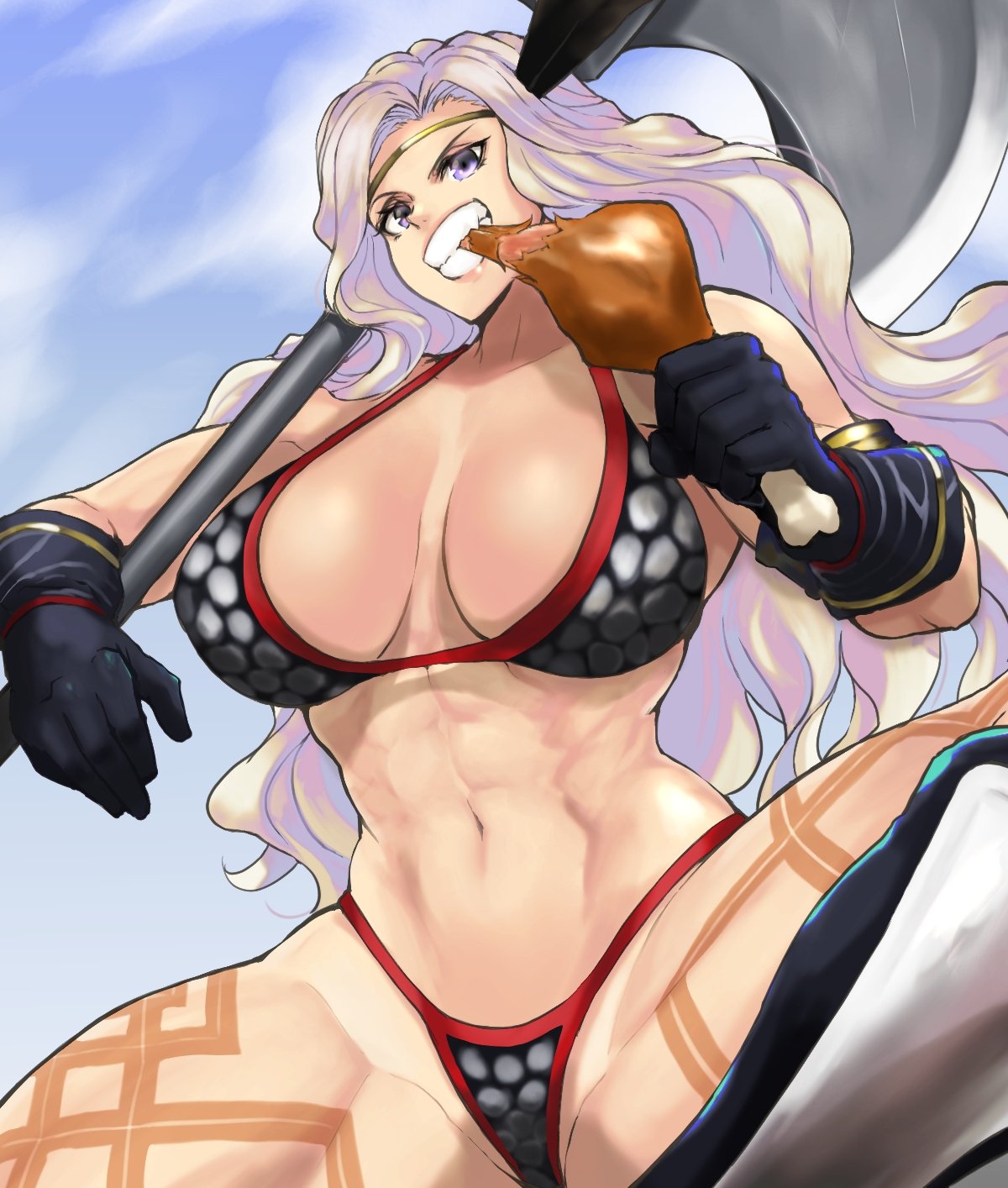 1girls 2021 amazon amazon_(dragon's_crown) anagumasan armor armored_boots axe battle_axe bikini bikini_armor black_footwear black_gloves blue_sky boots breasts cloud dragon's_crown eating female female_only food gloves highres holding holding_weapon large_breasts leg_tattoo long_hair looking_at_viewer meat muscular muscular_female navel purple_eyes silver_bikini silver_hair sky smiling smiling_at_viewer solo swimsuit tattoo teeth_clenched turkey_(food) turkey_leg vanillaware weapon