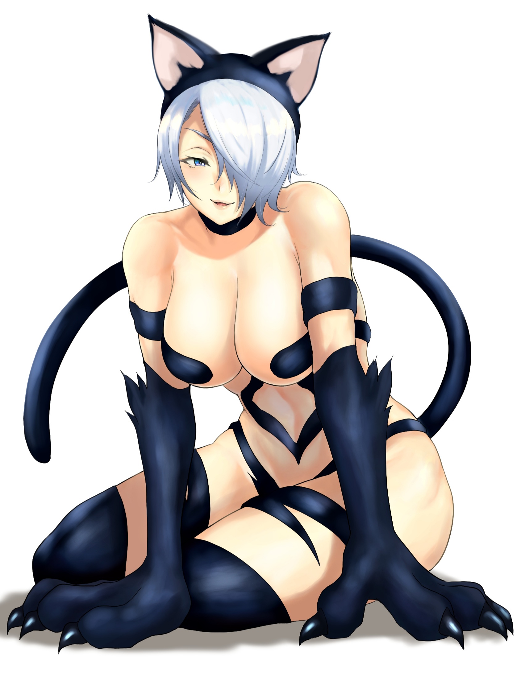 2021, anagumasan, angel (kof), animal ears, animal hands, bare shoulders, black fur, breasts, cat ears, cat girl, cat paws, cat tail, catgirl, claws, cosplay, darkstalkers, felicia (darkstalkers) (cosplay), female, female only, fur, hair over one eye, highres, king of fighters, king of fighters 2001, king of fighters xiv, large breasts, looking at viewer, mexico, navel, sharp claws, simple background, smiling, smiling at viewer, snk, solo, tail, thick thighs, thighs, toned, white background, white hair