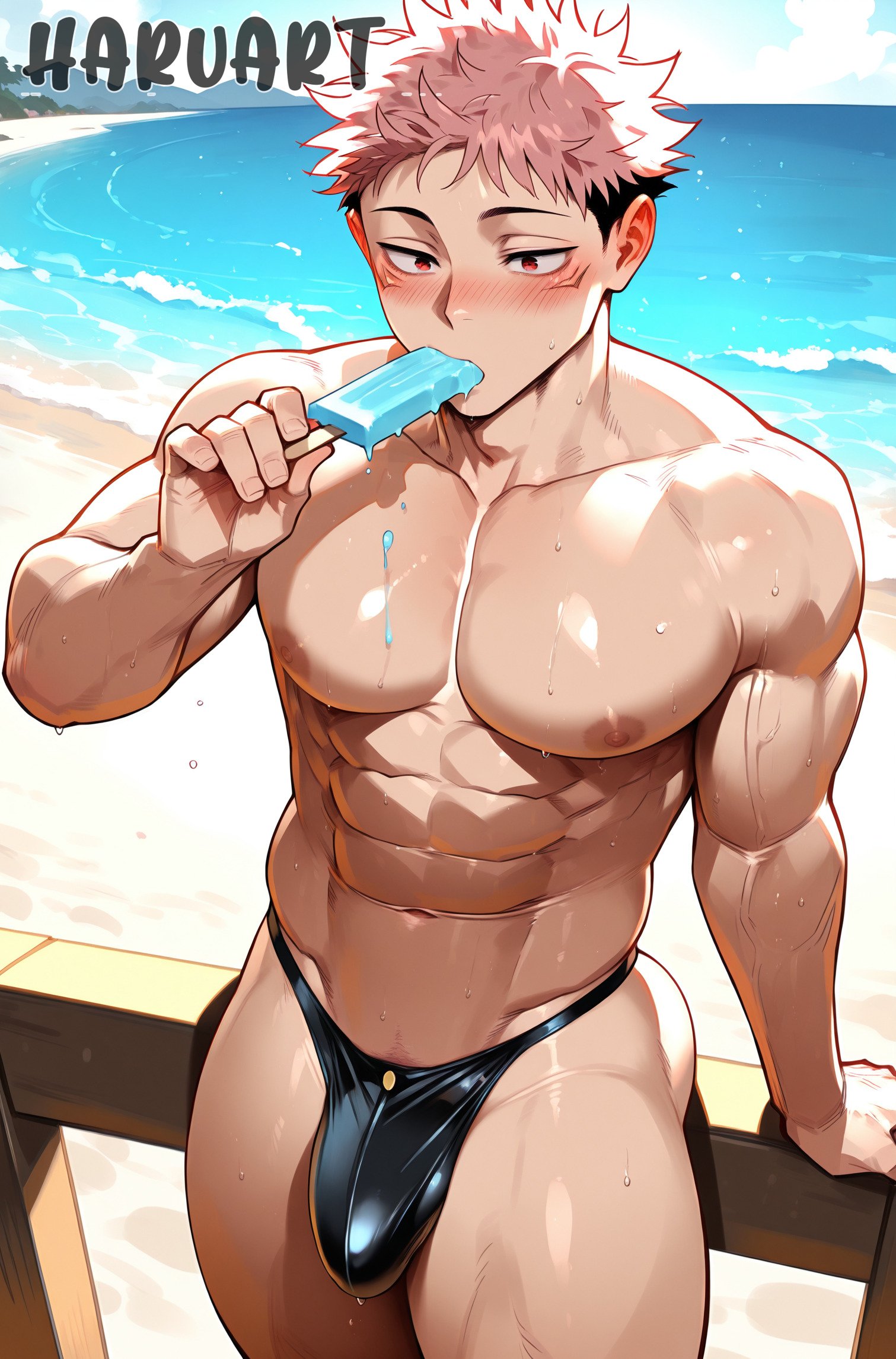 ai generated, bara, beach, blush, haruartx, ice cream, itadori yuuji, jujutsu kaisen, male, male only, muscles, navel, nipples, solo male, speedo, thong, yaoi