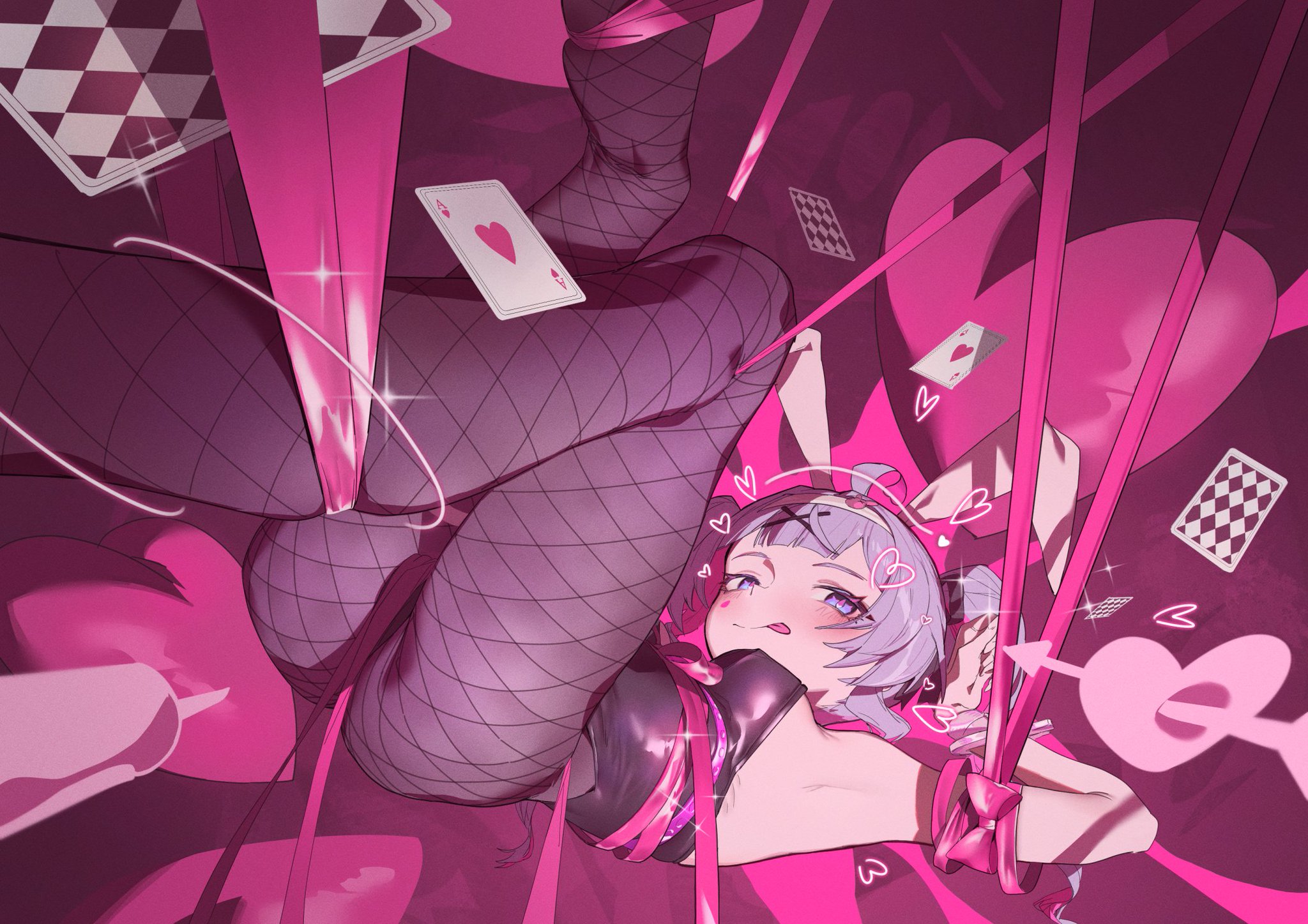 :q, 1girl, 1girls, animal ears, armpits, ass, bangs, black leotard, blue eyes, blush, bondage, bound, breasts, bunny ears, bunny girl, bunnysuit, card, exposed for child endangerment, fake animal ears, female, fishnet pantyhose, fishnets, grey hair, hair ornament, hatsune miku, heart, leotard, long hair, looking at viewer, pantyhose, playboy bunny, playing card, rabbit ears, rabbit hole (vocaloid), ribbon, small breasts, smile, solo, tagme, tongue, tongue out, vocaloid, yuutsu06