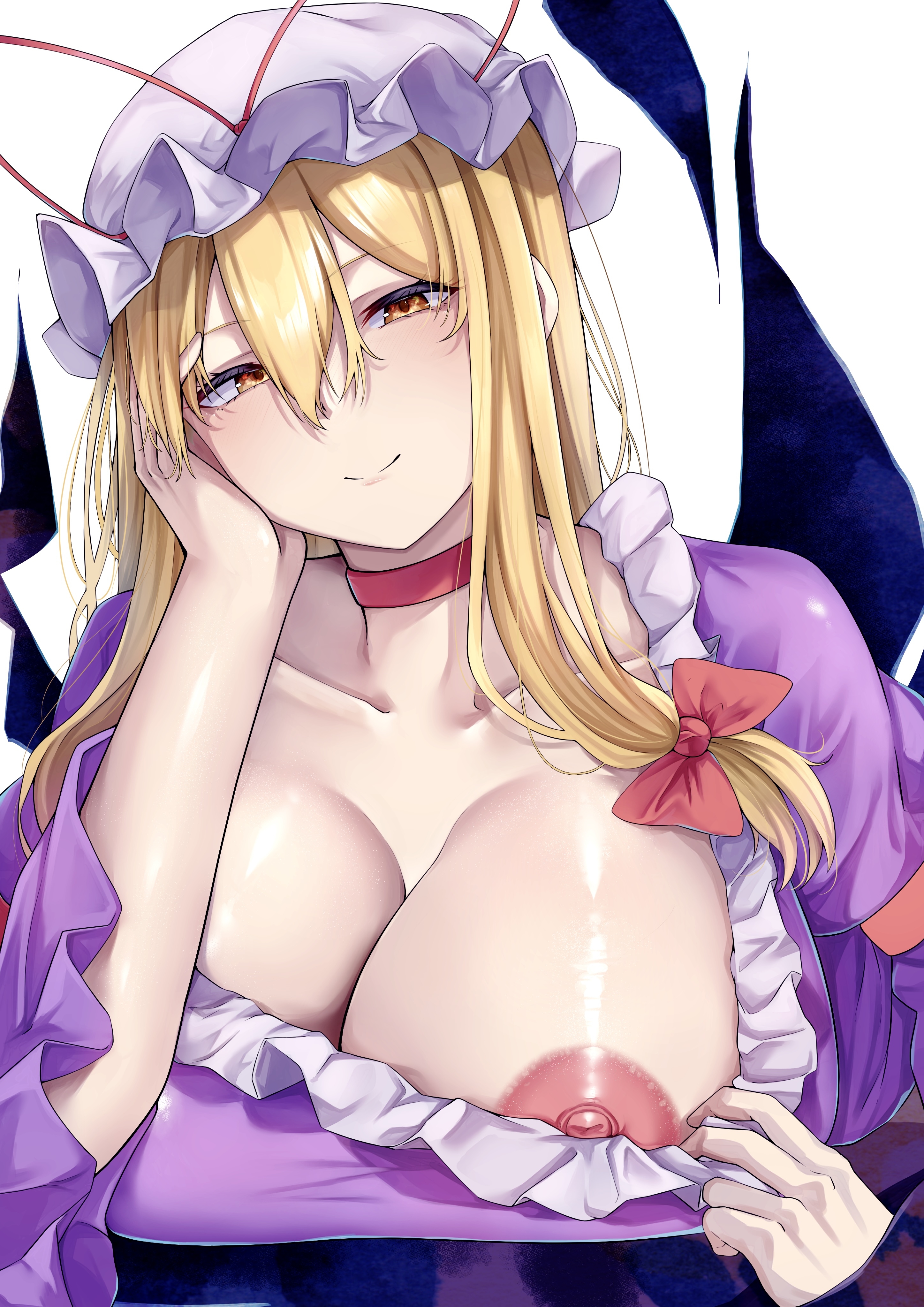 1girls, blonde hair, breasts, cleavage, female, female focus, female only, huge breasts, large breasts, long hair, looking at viewer, milf, mirufui, nipples, no sex, older female, purple clothing, red bow, smile, solo, solo female, touhou, yellow eyes, yukari yakumo