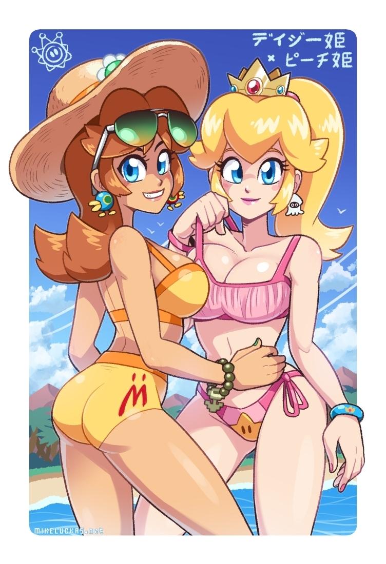 2girls ass beach bikini blue_eyes blue_sky breasts cleavage cloud crown dark-skinned_female dark_skin datskelebutt eyewear_on_head female hat large_breasts long_hair mario_(series) medium_hair mike_luckas multiple_girls nintendo ocean orange_hair ponytail princess_daisy princess_peach shine_sprite sky sunglasses swimsuit water