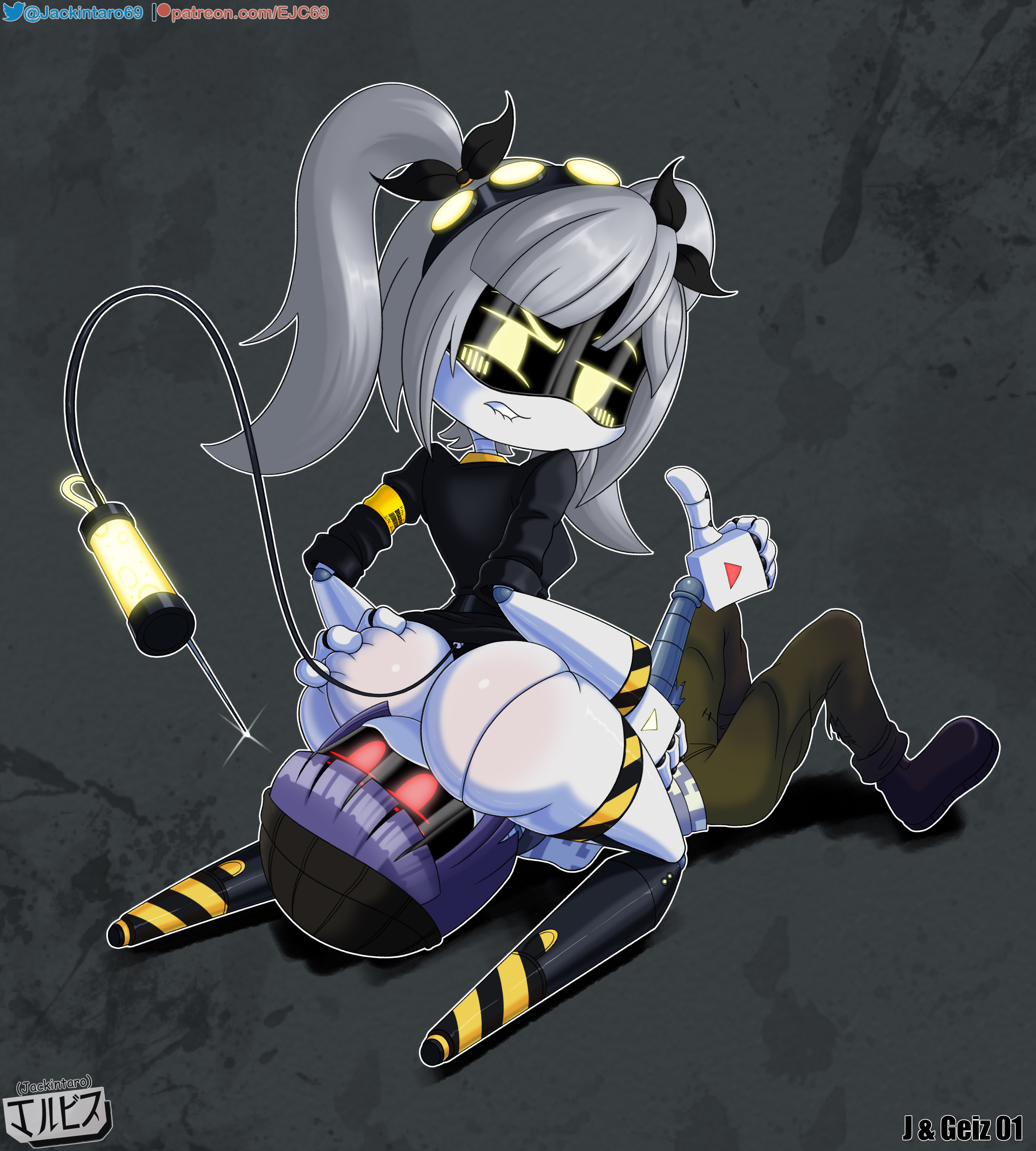 accurate art style, ass, ass focus, ass grab, big ass, biting lip, blush, butt grab, commission, digital media (artwork), disassembly drone, facesitting, fan character, female, glitch productions, grey hair, j (murder drones), jackintaro, lesbian, lesbian facesitting, looking back, murder drones, purple hair, red eyes, ribbons, robot, robot girl, simple background, thumbs up, twintails, white body, worker drone, yellow eyes, yuri