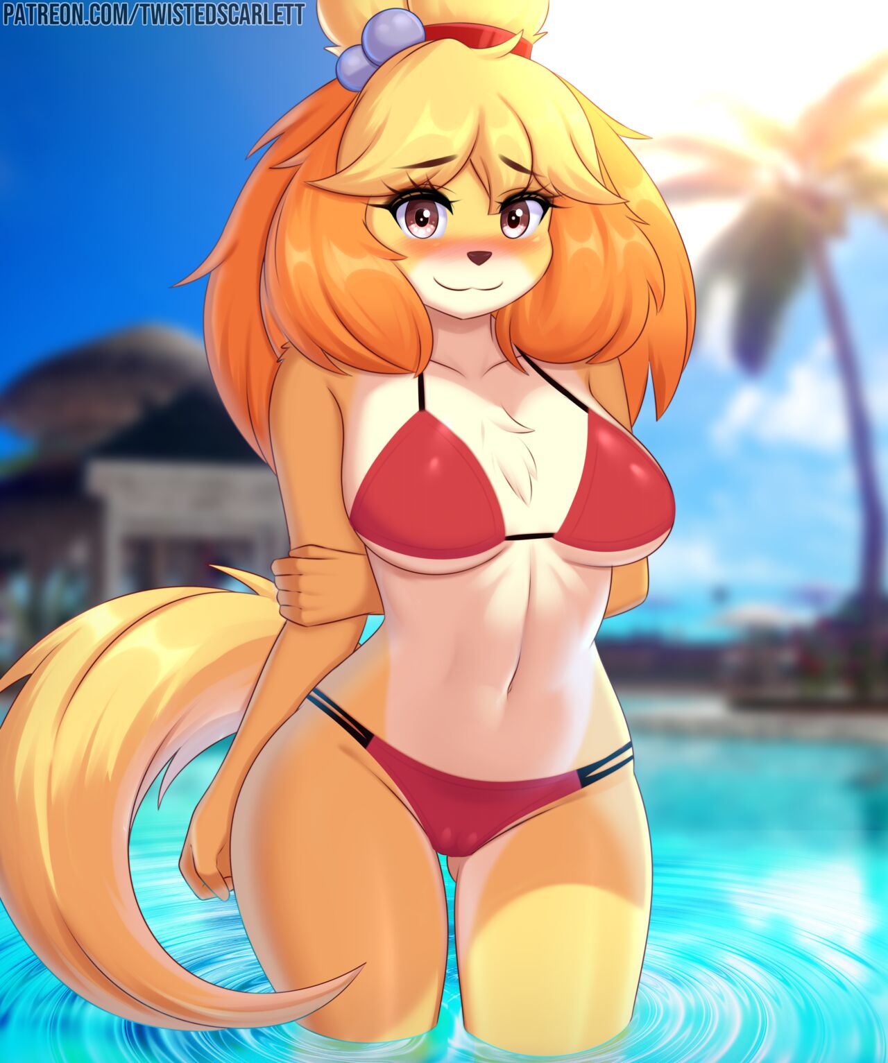 1girls, 2022, animal crossing, beach, bikini, female, female only, furry, isabelle (animal crossing), nintendo, red bikini, solo, tagme, twistedscarlett60