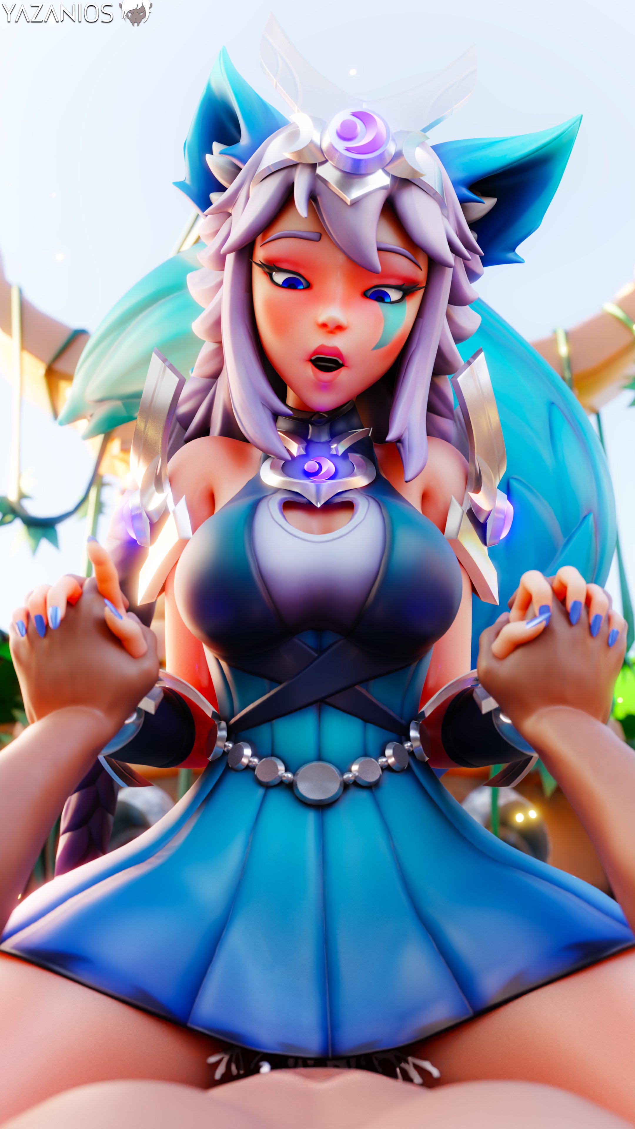 1boy, 1girls, 3d, absurd res, absurd resolution, absurdres, alternate version available, artist name, artist signature, bare shoulders, big ass ears, big breasts, blue eyes, blue nail polish, blue nails, blush, breasts, busty, cleavage, clothed, clothed female, clothed sex, cowgirl position, cum, cum drip, cum in pussy, cum inside, cum overflow, cum overflowing, cum splatter, curvaceous, curvy, curvy female, curvy figure, cute, cute face, dress, face markings, fangs, female, female focus, fox ears, fox girl, fox tail, front view, giver pov, handholding, happy, happy sex, hi res, hi-rez studios, high resolution, highres, holding hands, holding hands while penetrated, implied penetration, implied sex, implied vaginal, io (paladins), large breasts, lavender hair, light skin, light-skinned female, long hair, male, male pov, male/female, markings, nail polish, oerba yun fang, painted nails, paladins (game), partial male, penetration, penis, pov, purple hair, pussy, riding, riding penis, sex, straight, straight sex, tail, thick thighs, thighs, vaginal penetration, vaginal sex, viewed from front, voluptuous, voluptuous female, wholesome, wholesome sex, yazanios