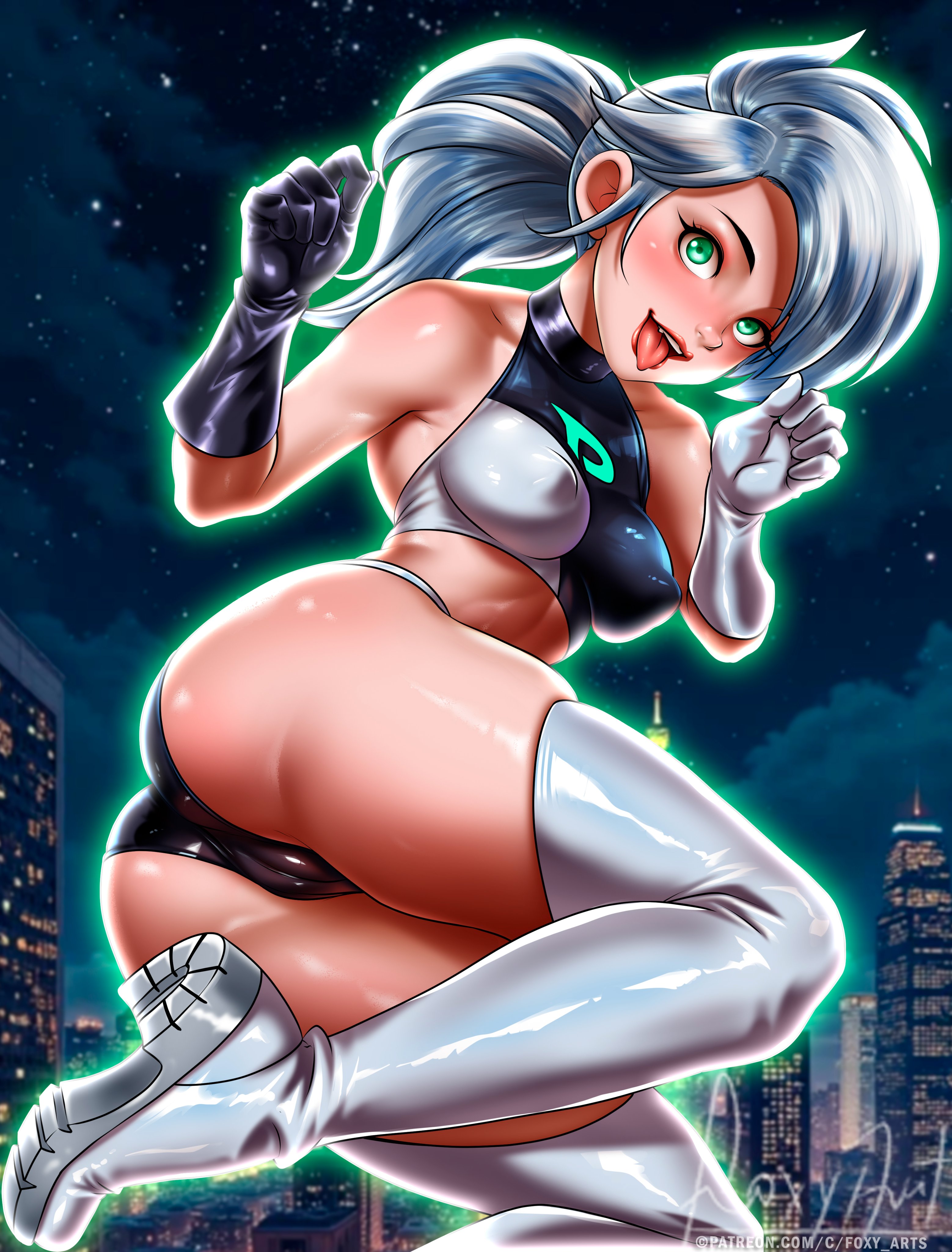 1girls, boots, cameltoe, dani phantom, danny phantom, erect nipples, female, female only, foxyart, green eyes, nickelodeon, nipples visible through clothing, pussy, solo, solo female, thick thighs, thigh boots, thighhighs, tongue, tongue out, white hair