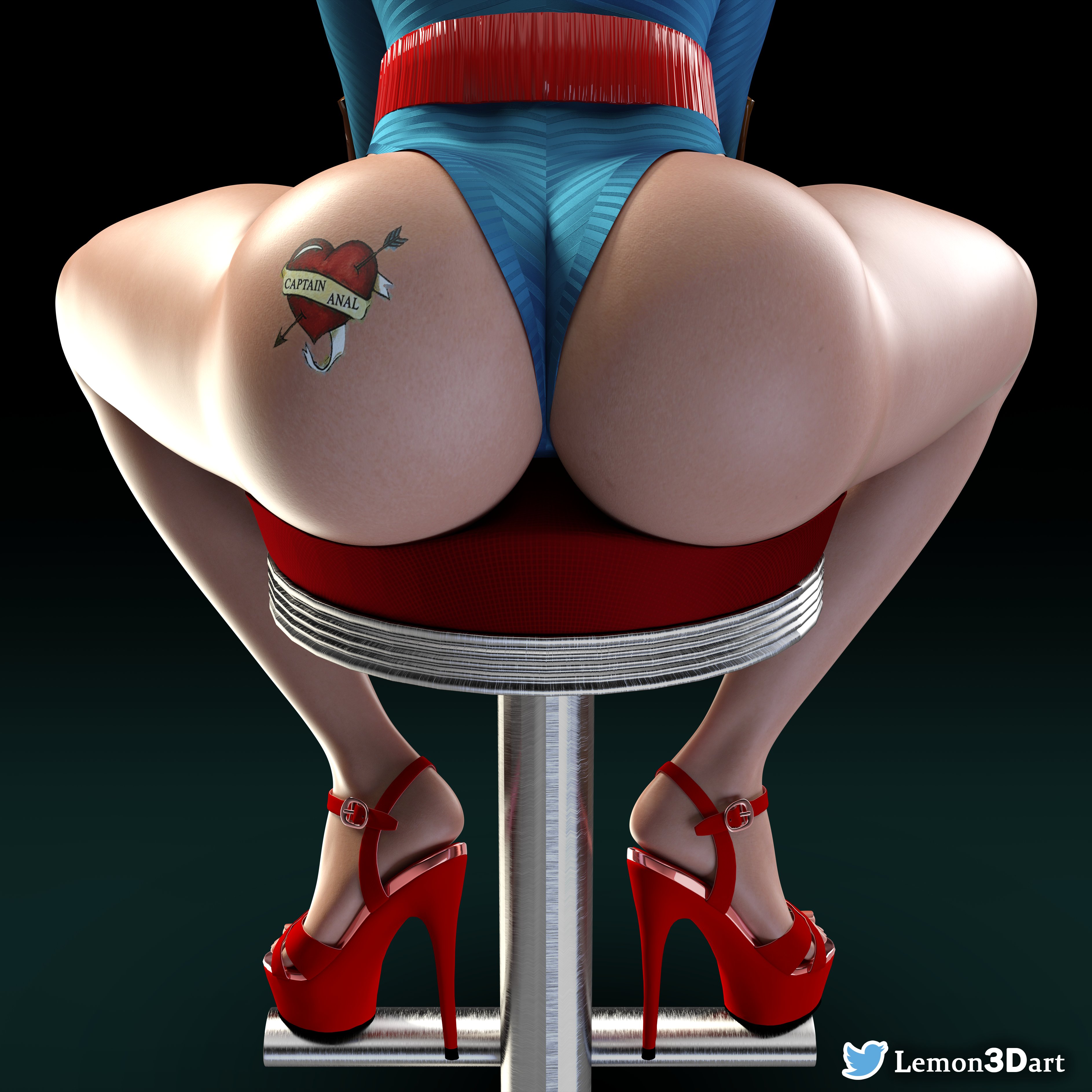 1girls, 3d, ass, back view, big ass, blonde hair, brie larson, captain marvel, carol danvers, female, female only, high heels, lemon3d, marvel, marvel cinematic universe, marvel comics, short hair, solo, tattoo