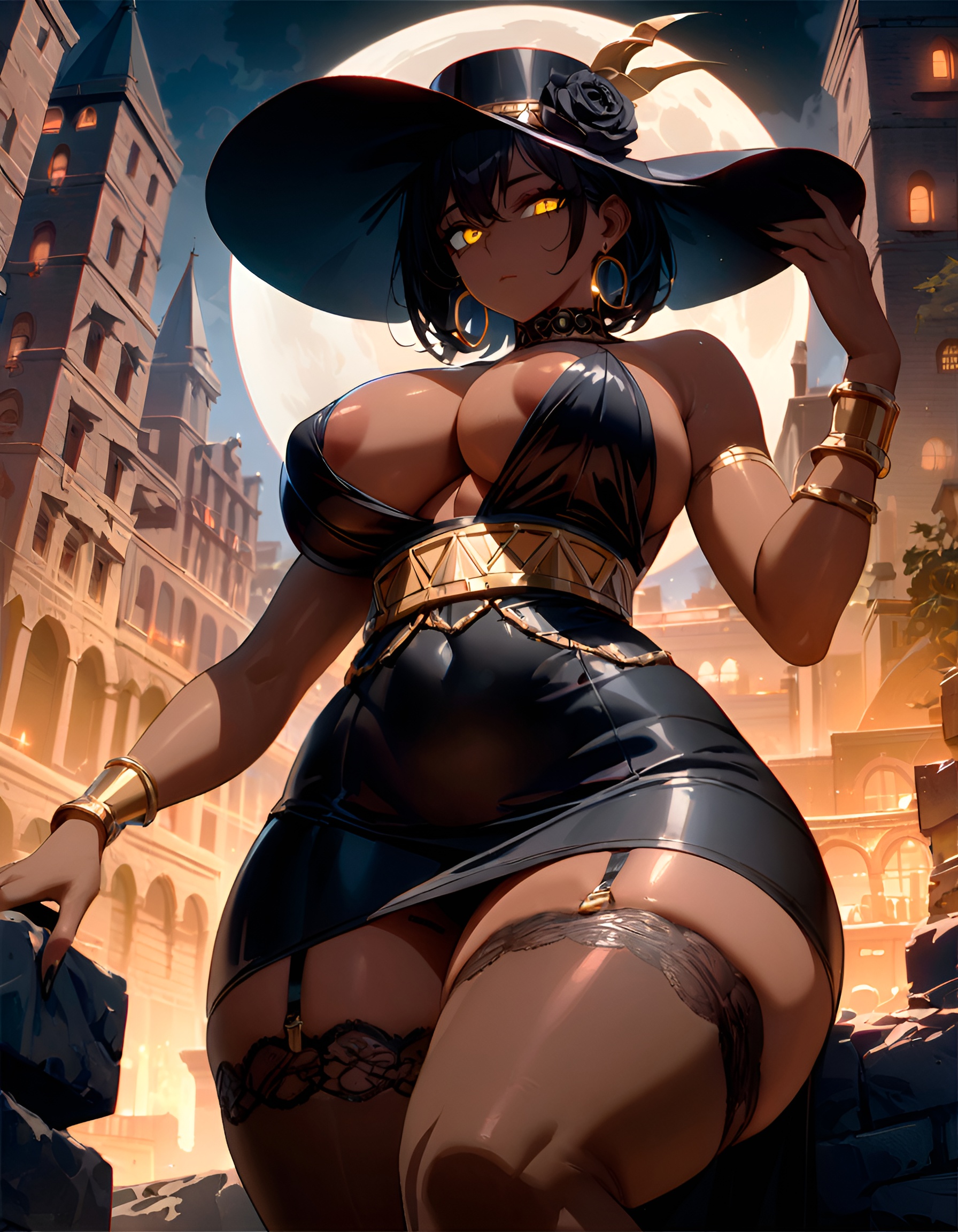 ??? (starlightnex), age difference, ai generated, ass, big breasts, black dress, black hair, black nails, breasts, calm, creepy, curvy, curvy body, curvy female, curvy figure, curvy hips, dark nipples, dark skin, dark-skinned female, depressing, emotionless, female, female only, garter straps, golden accessories, goth, goth girl, gothic, hourglass figure, huge breasts, inviting, looking at viewer, massive breasts, mature female, milf, mommy, night, original, original character, panties, paranormal, sexy, sexy pose, short dress, short hair, slim waist, starlightnex, stockings, tan body, tan skin, thick, thick ass, thick hips, thick legs, thick thighs, thighs, wide hips, yellow eyes