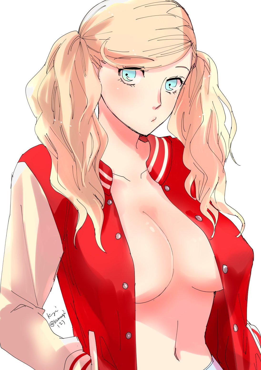 1girls, 2d, ann takamaki, artist name, artist signature, atlus, blonde hair, blue eyes, breasts, cleavage, female, komugi123, light skin, looking at viewer, medium breasts, navel, persona, persona 5, solo, solo female, tagme, twintails, white background