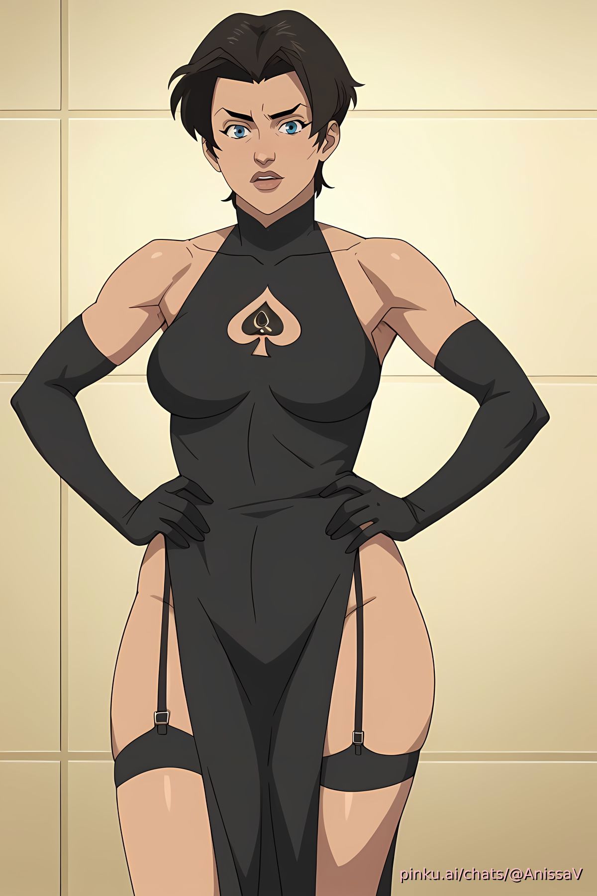 ai generated, anissa, double slit dress, female, hands on hips, high slit dress, hips, invincible, invincible (tv series), long gloves, pinku.ai, queen of spades, stockings, thighs
