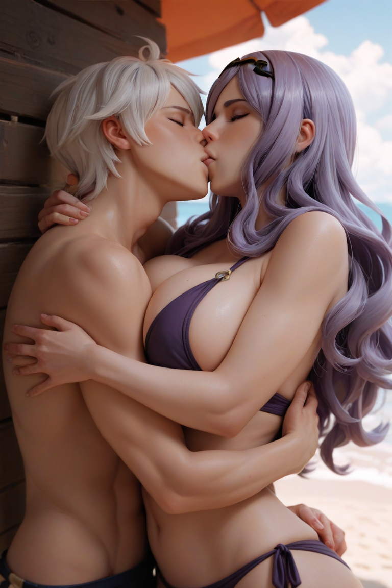 ai_generated beach camilla_(fire_emblem) fire_emblem fire_emblem_awakening fire_emblem_fates hug huge_breasts kiss_on_lips kissing purple_hair robin_(fire_emblem) robin_(fire_emblem)_(male) white_hair