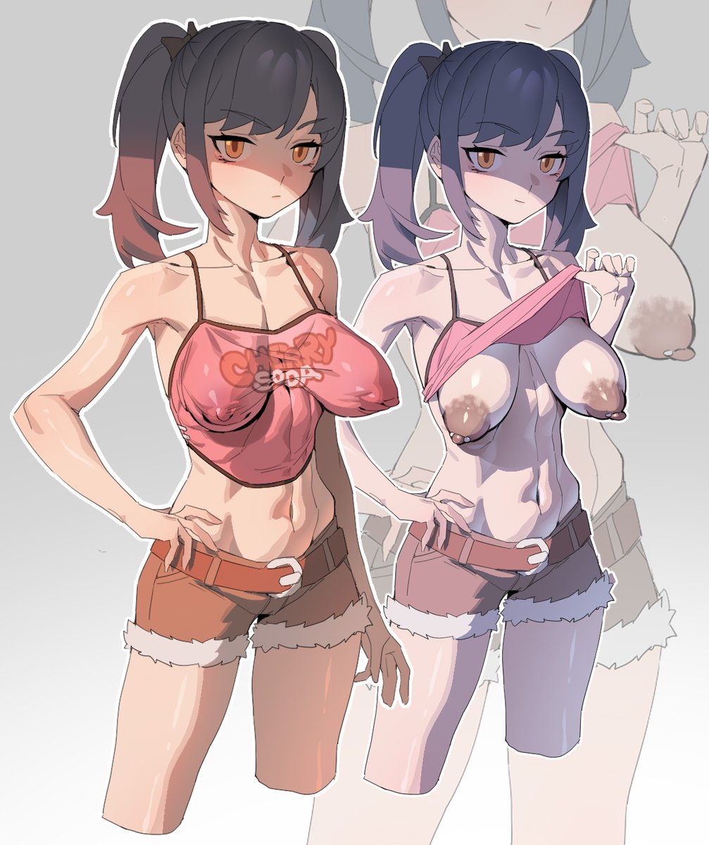 1girls, breasts apart, dark nipples, erect nipples, erect nipples under clothes, female, looking at viewer, medium breasts, mia (zenless zone zero), nipple piercing, nipples visible through clothing, no bra, no bra under clothes, npc (zenless zone zero), orange hair, puffy areola, puffy nipples, sagging breasts, shirt lift, shuibaow, smirk, torpedo breasts, twintails, zenless zone zero