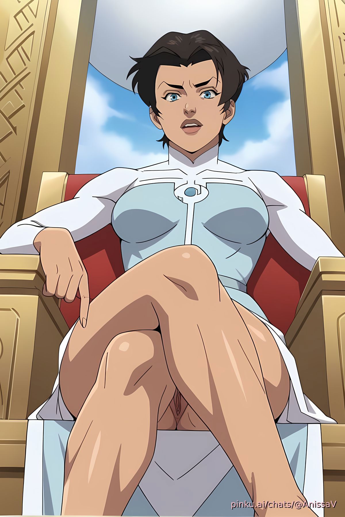 ai generated, anissa, female, femdom, invincible (tv series), legs crossed, pinku.ai, pussy, pussy slip, throne, viewed from below