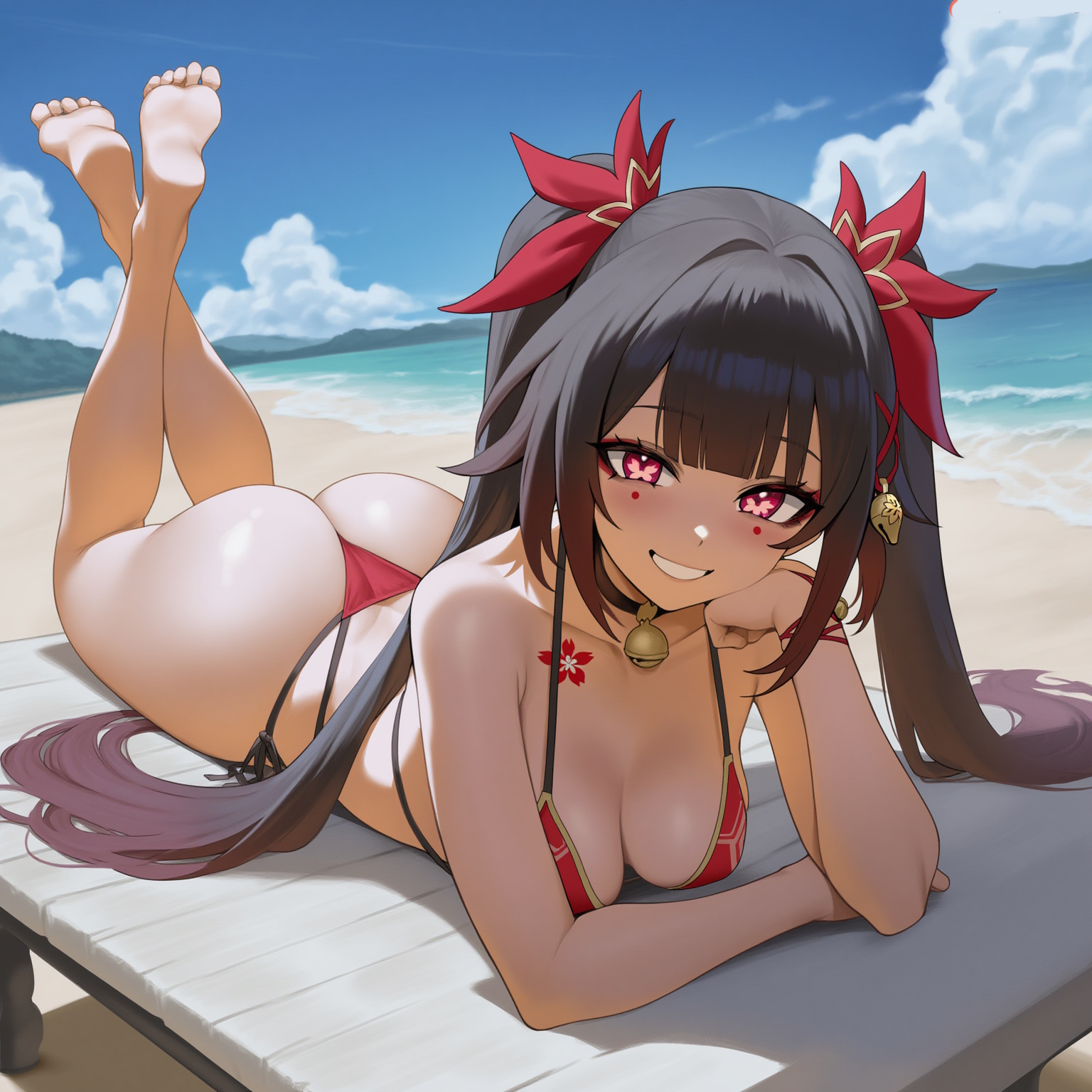 1girls, ai generated, ass, beach, big ass, big butt, bikini, breasts, brown hair, bubble ass, bubble butt, choker, curvy, fat ass, female, groin, hips, honkai (series), honkai: star rail, huge ass, huge butt, long hair, medium breasts, noxsalus, onsen, red bikini, seductive, seductive look, sexy, sparkle (honkai: star rail), thick thighs, thighs, thin waist, twintails, wide hips