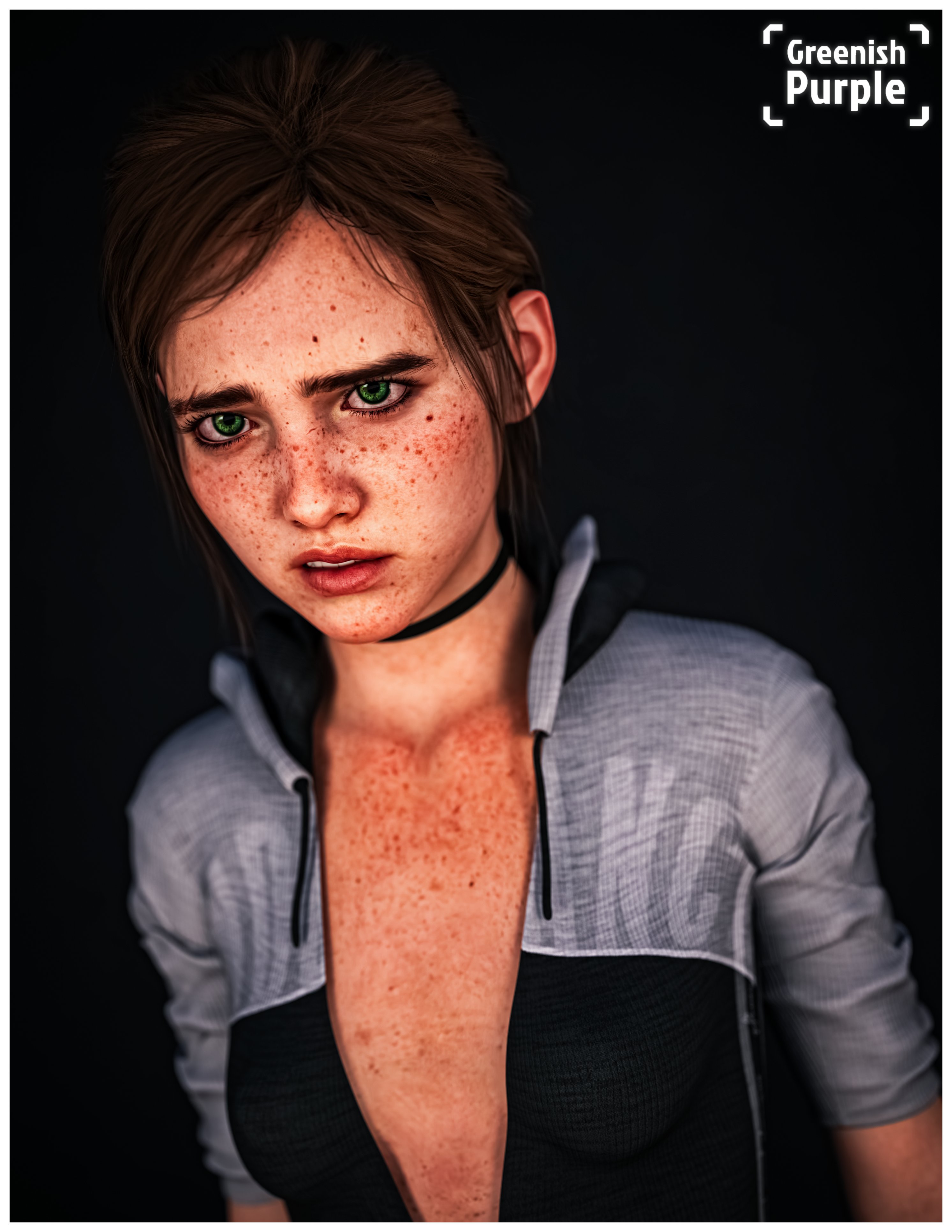 1girls, 3d, brown hair, choker, cleavage, ellie (the last of us), ellie williams, female, freckles, freckles on chest, freckles on face, greenish purple, hoodie, jacket, open clothes, open jacket, petite, skinny, slim, tagme, the last of us