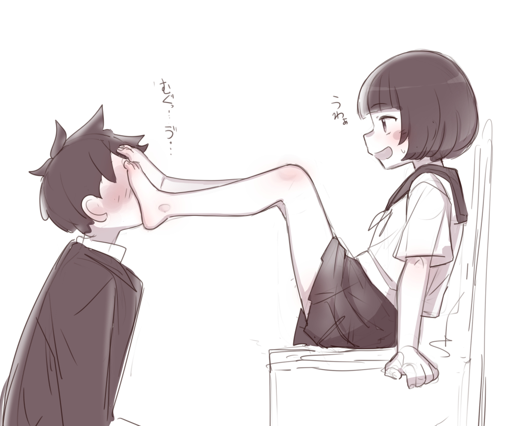 1boy, 1girls, absurdres, adorable, artist request, blush, cute, dominant female, feet, feet on face, feet up, female, foot fetish, foot fetish validation, foot focus, foot on face, foot play, foot worship, happy female, happy sub, highres, huziurisub, loving couple, loving it, male, monochrome, oc, original characters, relationship goals, romantic couple, school uniform, schoolboy, schoolboy uniform, schoolgirl, schoolgirl uniform, smelling feet, sniffing feet, submissive male, wholesome