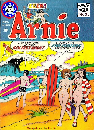 2boys 2girls alias_the_rat archie_andrews archie_comics beach clothed_male clothed_male_nude_female comic_cover nude_female reggie_mantle surfboard swim_trunks veronica_lodge