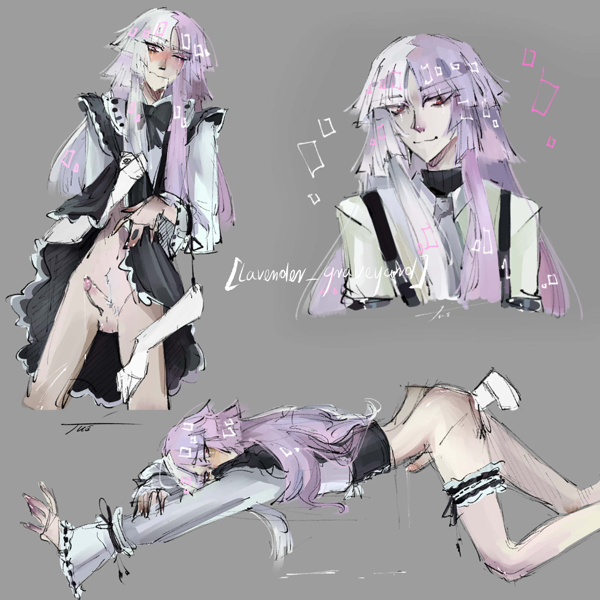 anal, bungo stray dogs, cum drip, erection, from behind, ghost hands, lavender graveyard, maid outfit, male, male only, sigma (bungo stray dogs)