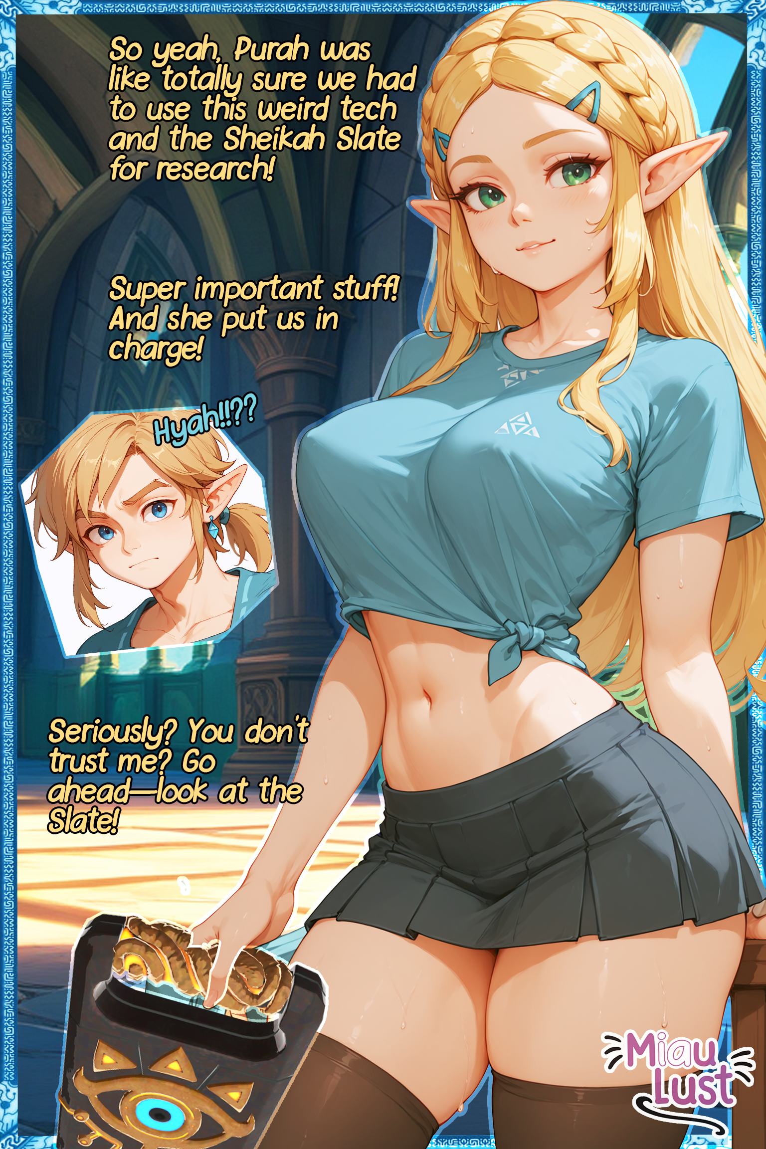 1boy, 1girls, ai generated, blonde hair, breath of the wild, comic, comic panel, comic strip, ears pointy, female, green eyes, link, link (breath of the wild), male, miaulust, miniskirt, nintendo, patreon, princess zelda, sexy, sheikah slate, the legend of zelda, zelda (breath of the wild)