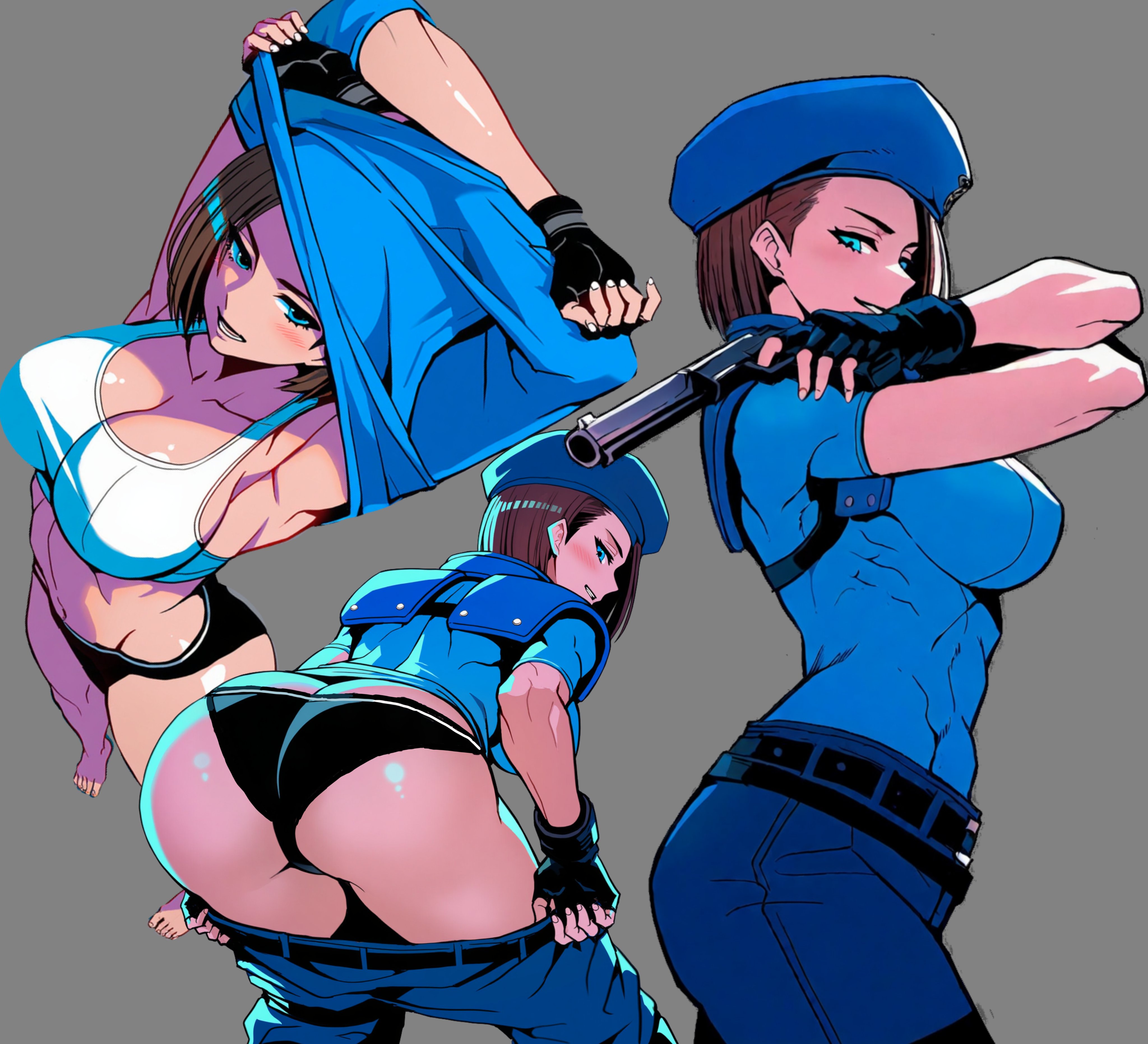 ai generated, armpits, arms up, ass, beret, big breasts, breasts, brown hair, depravedtsunami, female, huge ass, jill valentine, looking at viewer, muscular, muscular female, police uniform, resident evil, shirt lift, solo, stripping, tank top