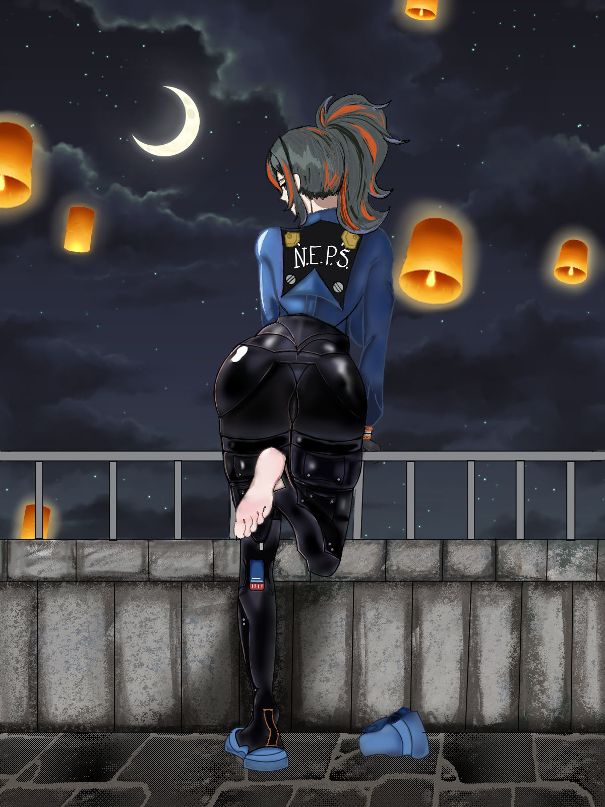 ass focus, back view, backboob, background, barefoot, big ass, big breasts, big butt, big thighs, black hair, blue sneakers, breasts, clothed, clouds, feet, feet focus, female, female only, foot fetish, footwear, fully clothed, gloves, guard rail, lantern, latex, latex clothing, latex legwear, looking at viewer, moon, mungauba, night, night sky, officer, orange eyes, orange highlights, pink feet, police, police uniform, policewoman, ponytail, rooftop, seductive, seductive gaze, sexy, sexy pose, simple background, simple eyes, skin tight, sky, sneakers, soles, stars, stone floor, stone wall, toes, uniform, white skin, zenless zone zero, zhu yuan
