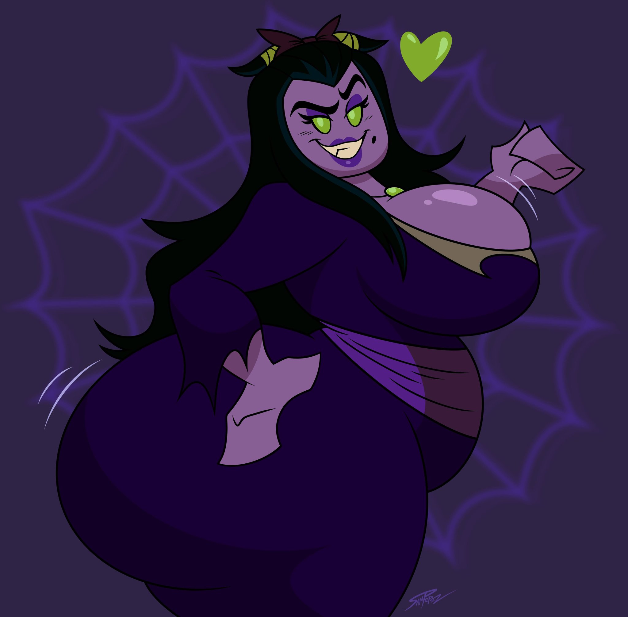 1girls, ass in dress, big belly, big breasts, black hair, bottom heavy, breasts, female, green eyes, grin, lego monkie kid, looking at viewer, monkie kid, naughty face, purple skin, samperez, solo, spider queen (monkie kid), standing