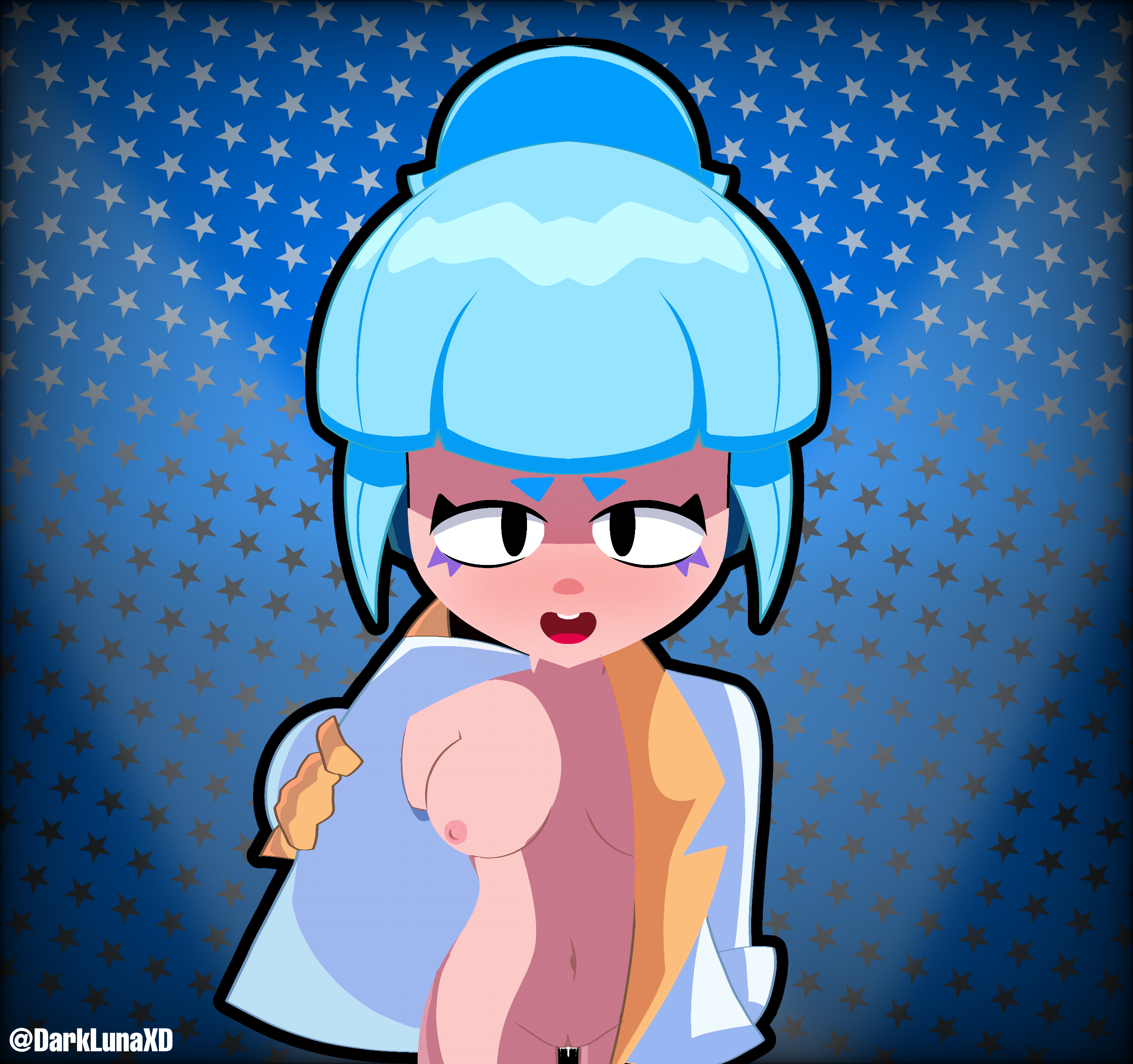 1girls, blue hair, brawl stars, breasts, female, female only, janet (brawl stars), popstar janet, semi nude, small tits, supercell