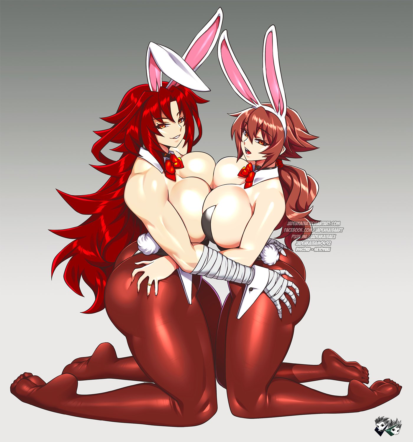 2girls, ass, ass grab, bandaged arm, big breasts, breast press, breasts, breasts to breasts, brown hair, bunny ears, bunny ears (cosmetic), bunny tail, bunnysuit, detached collar, easter, female, female only, hands on ass, hi res, jadenkaiba, kneeling, large breasts, long hair, looking at viewer, mother and daughter, mother and daughter (lore), muscular, muscular female, neck ribbon, no shoes, pantyhose, ponytail, red hair, school fight, shurinatsu rakkusa, simple background, smiling, smiling at viewer, thick ass, thick thighs, wrist cuffs, yui rakkuza