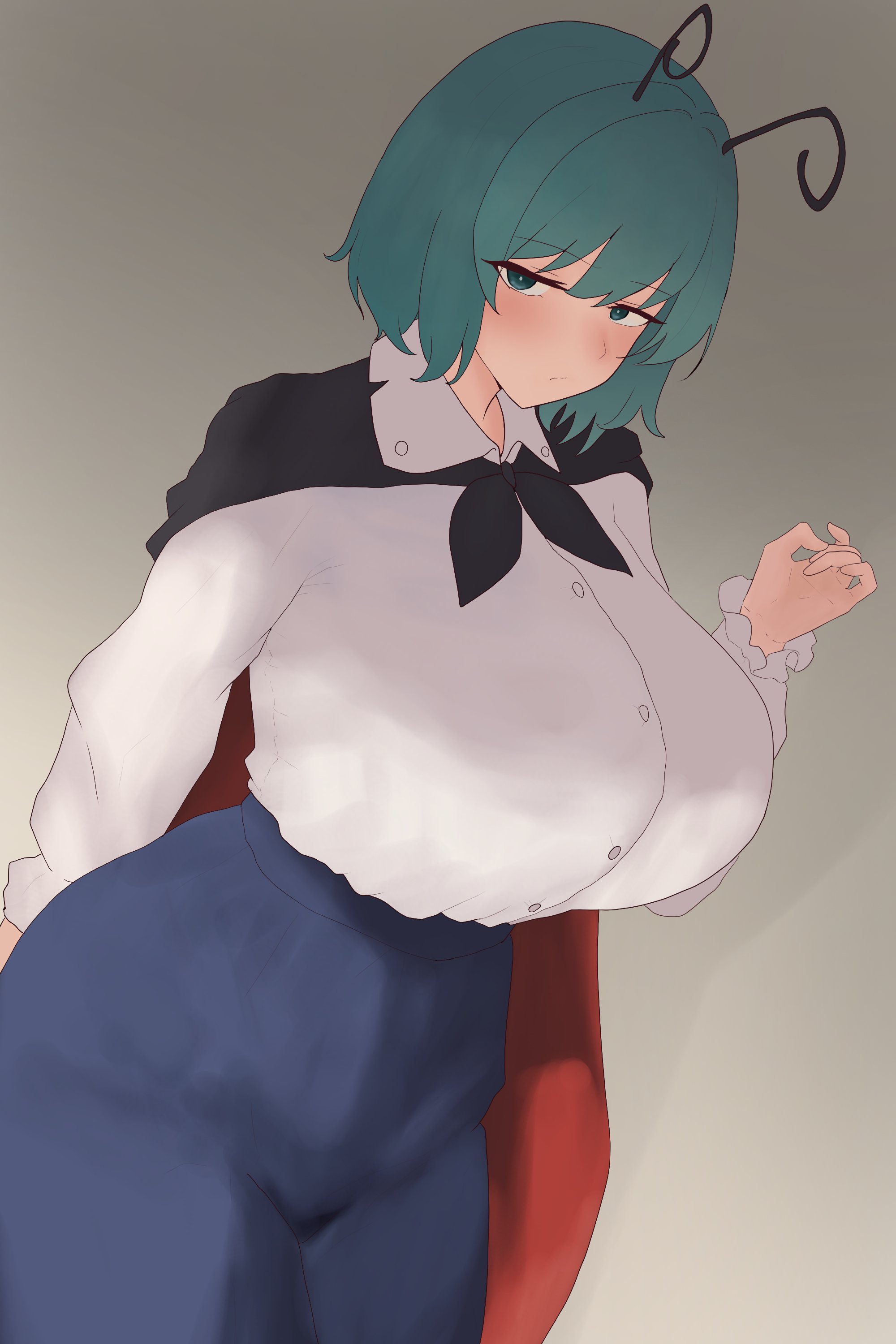 alternate breast size, blue shorts, blush, breasts, cape, female, frills, green eyes, green hair, grey background, hair between eyes, huge breasts, large breasts, long sleeves, looking at viewer, medium hair, moriforest1040, shirt, shorts, solo, touhou, white shirt, wriggle nightbug