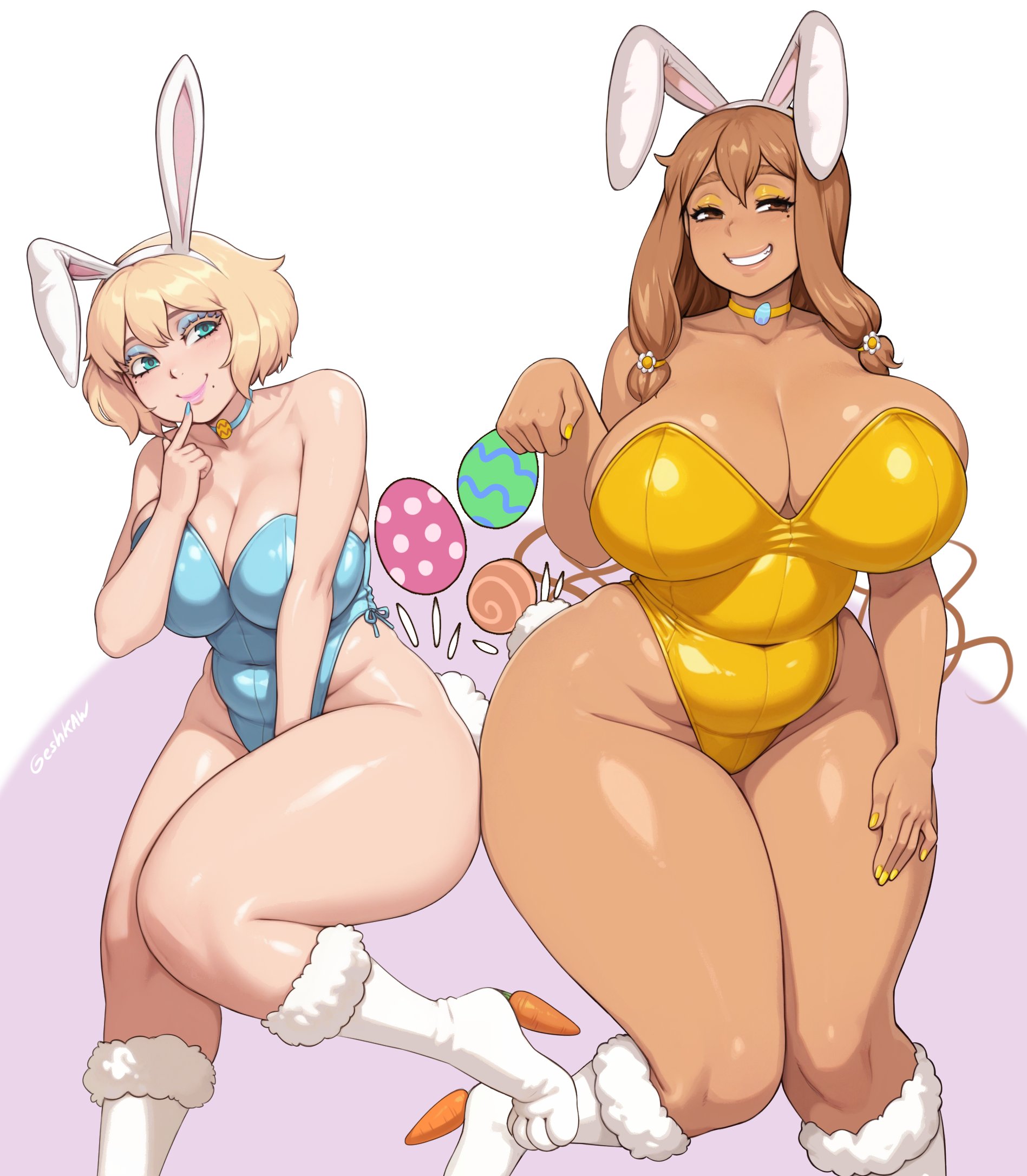 2girls, breasts, bunny ears, bunnysuit, chubby, chubby female, easter, female, geshkaw, geshtar, huge breasts, tagme