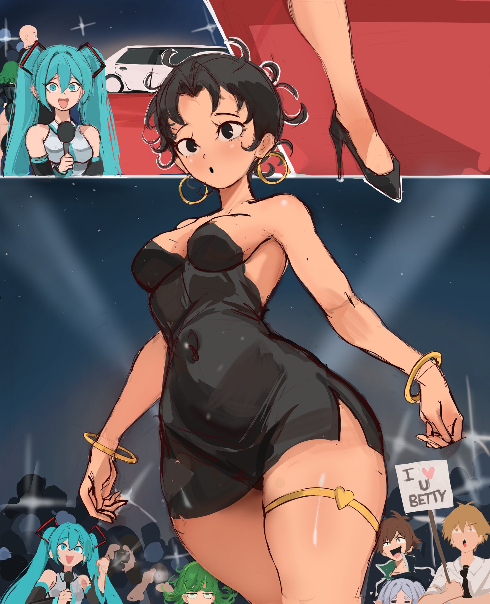 bangle, bare shoulders, betty boop, betty boop (series), black dress, black eyes, black hair, bracelet, breasts, car, chainsaw man, cleavage, covered navel, crossover, crowd, curly hair, cute, cute expression, cute face, cute female, denji (chainsaw man), detached sleeves, dress, earrings, eastern and western character, female, flapper, frieren, green hair, ground vehicle, hatsune miku, hi res, high heels, holding, holding microphone, holding sign, hoop earrings, jewelry, kono subarashii sekai ni shukufuku wo!, light skin, light-skinned female, long hair, male, medium breasts, microphone, motor vehicle, multiple boys, multiple females, multiple girls, multiple males, necktie, one-punch man, open mouth, rakeemspoon, satou kazuma, short hair, sign, smile, sousou no frieren, strapless, strapless dress, tatsumaki, thick thighs, thigh strap, thighs, tight dress, twintails, vocaloid, wide hips