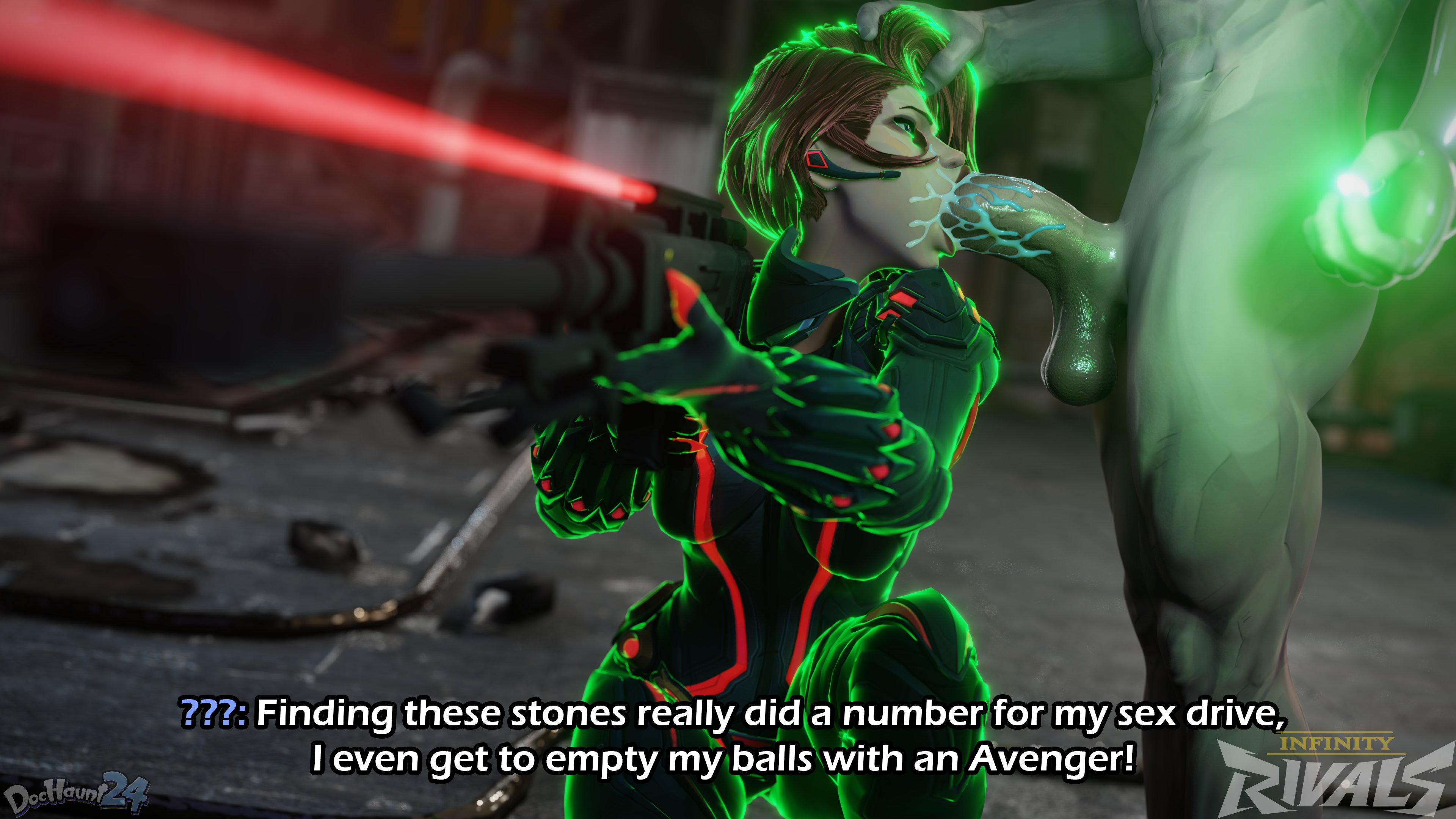 1girls, 3d, black widow (marvel rivals), black widow (marvel), clothed, clothed female, clothed female nude male, clothing, cum, cum in mouth, dialogue, dochaunt24, erection, fellatio, female, male, marvel, marvel comics, marvel rivals, nude, nude male, oral, oral sex, penis, red hair, sniper rifle, text, time stop