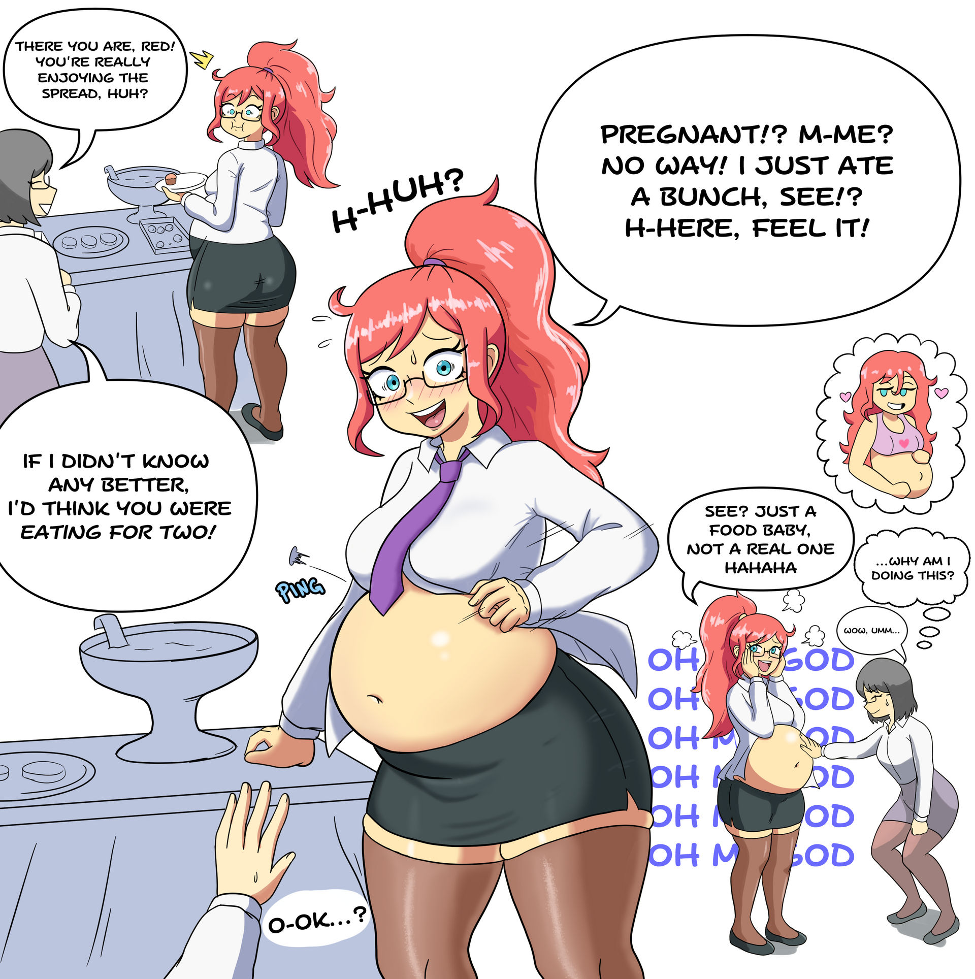 2girls, ass, bloated belly, blue eyes, blush, coworkers, eating, fantasizing, female, female focus, female only, glasses, horny, lewdy-spaghette, maiesiophilia, navel, office lady, ponytail, popped button, pregnancy fetish, red hair, rubbing belly, stuffed belly, stuffing, tight clothing, wardrobe malfunction, yuri