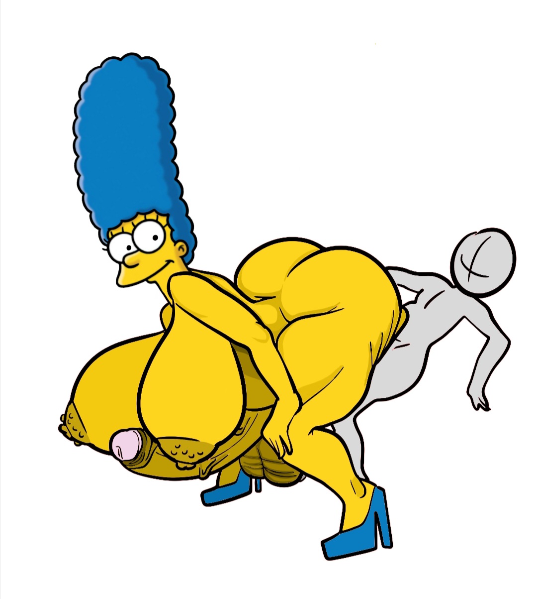 1boy, 1futa, almakhadie (artist), anal sex, anon, anonymous male, balls, blue hair, blue high heels, bumpy areola, futanari, intersex, male, male on futa, marge simpson, penis, pounding ass, sex, the simpsons, yellow body, yellow skin